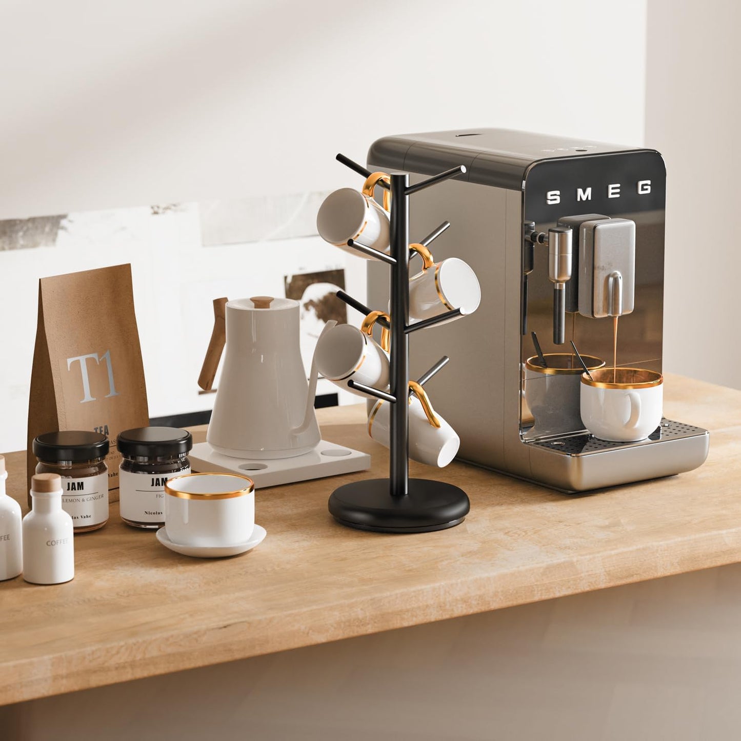 BAMBANG Coffee Mug Tree, 360° Rotating Bamboo Cup Holder Tree for Counter Top, Mug Rack with 8 Hooks, Mug Stand for Coffee Bar, Home, Black