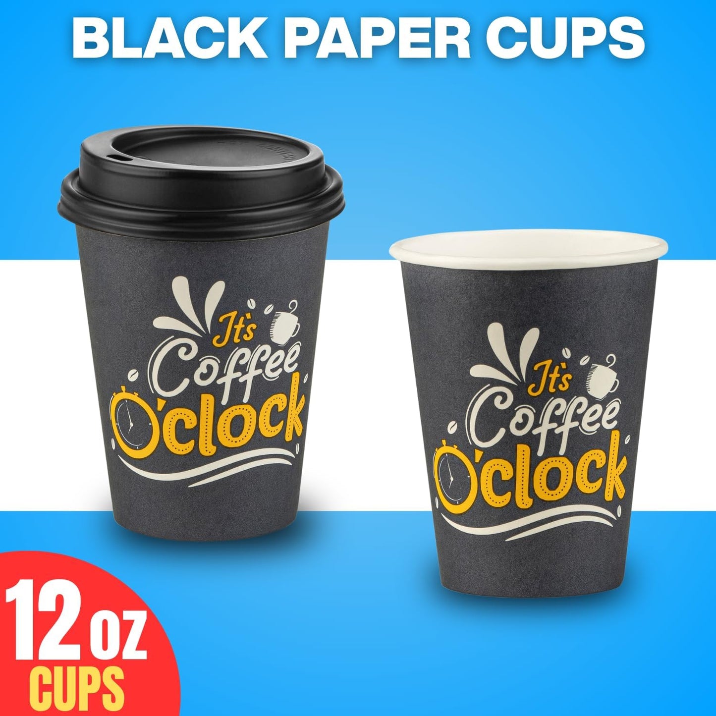 Smygoods Disposable Coffee Cups with Lids, To Go Paper Hot Cups, Coffee O'Clock Design (12 OZ, 50 Count) For Hot Beverages, Coffee, Tea, Espresso, Cocoa - Vasos Para Cafe