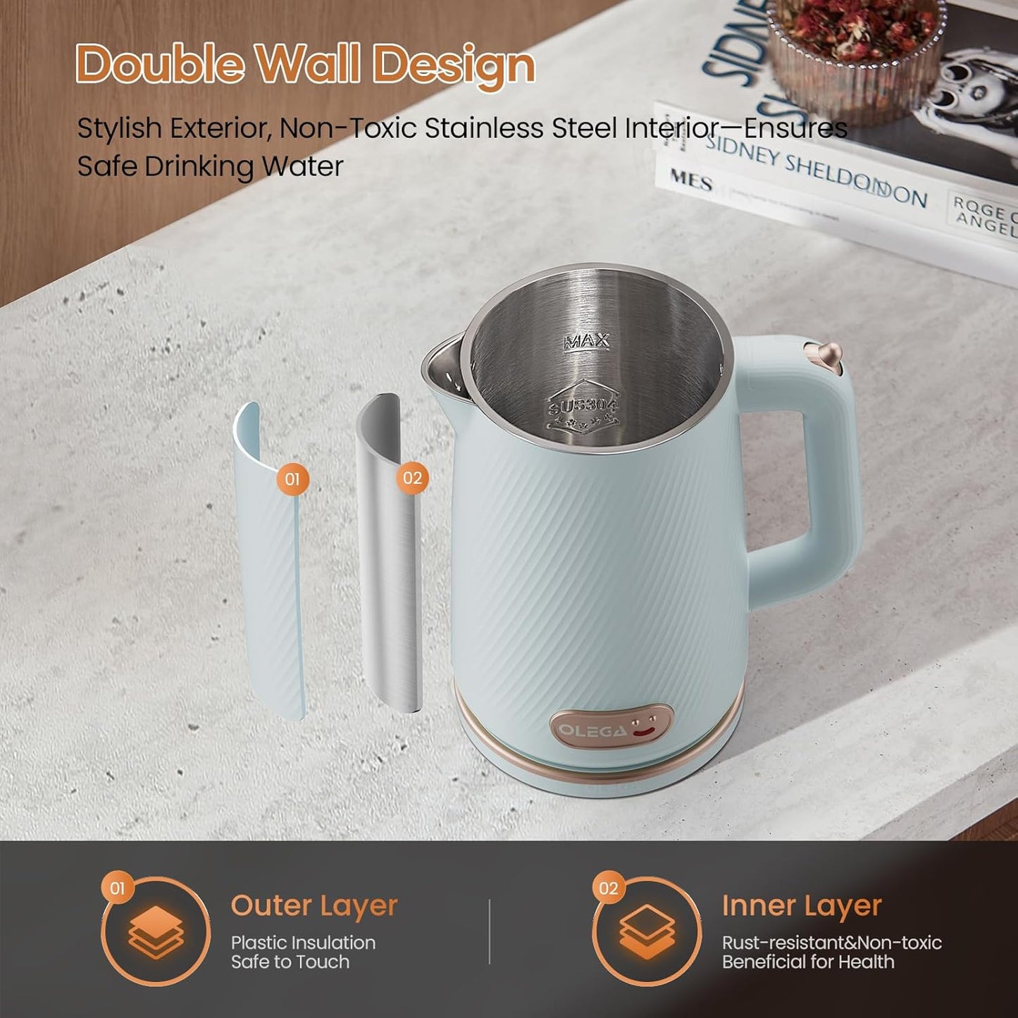 OLEGA Electric Kettle - 1500W Electric Tea Kettle 1.8L Stainless Steel Inner Electric Kettles for Boiling Water Auto Shut Off Boil-Dry Protection Electric Water Kettle for Coffee Tea Blue