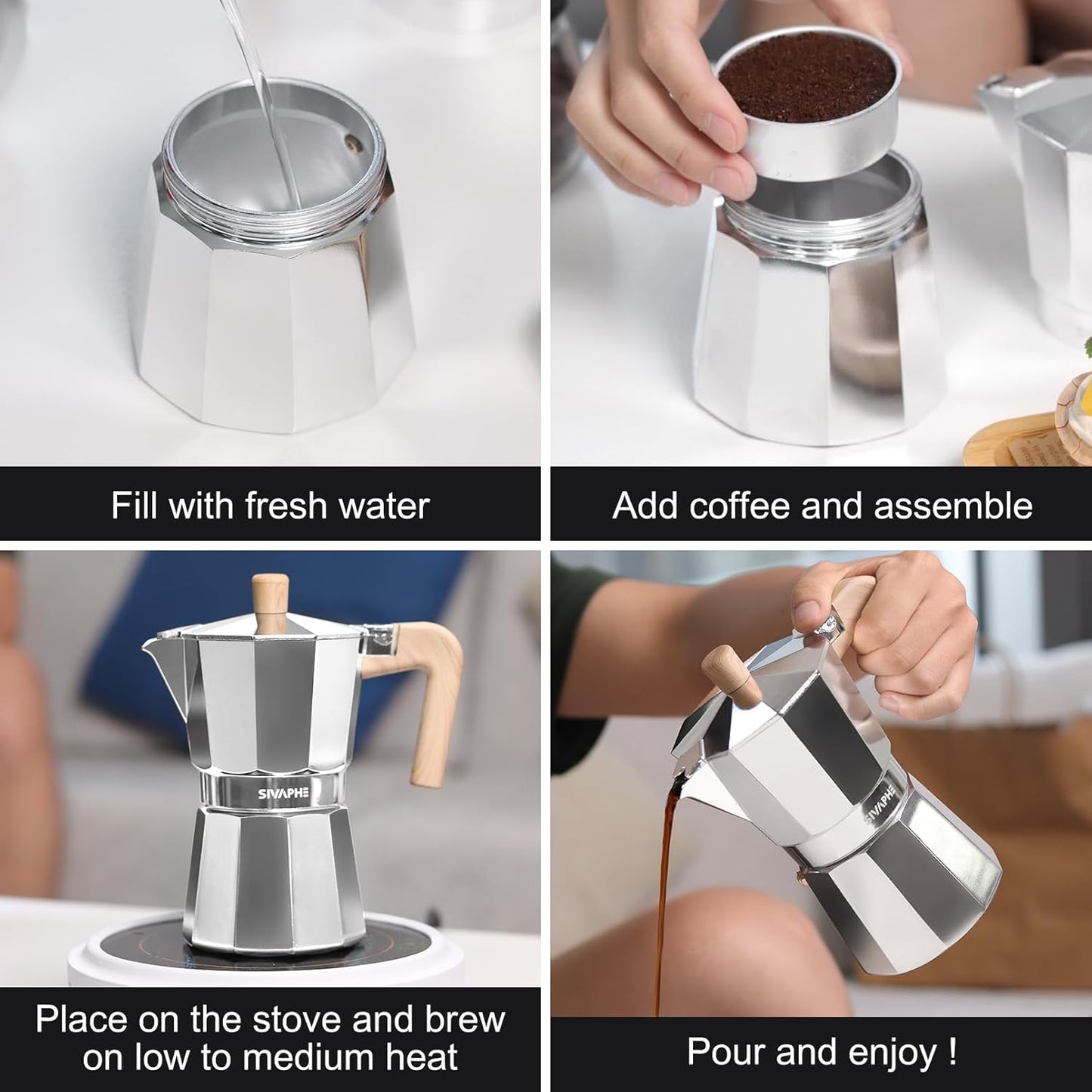Sivaphe Aluminum Moka Pot 9 Espresso Cups, Percolator Espresso and Coffee Maker, Portable Stove top Italian and Cuban Café Brewer for Home and Camping Sliver