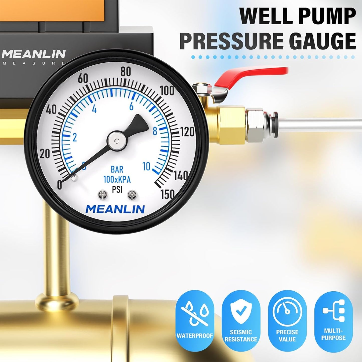 MEANLIN MEASURE 0-150Psi 2" DIAL FACE 1/8" NPT Well Pump Pressure Gauge, with 1/4" NPT and 3/8" NPT Hex Bushing, 3-2-3% Accuracy, Center Back Mount
