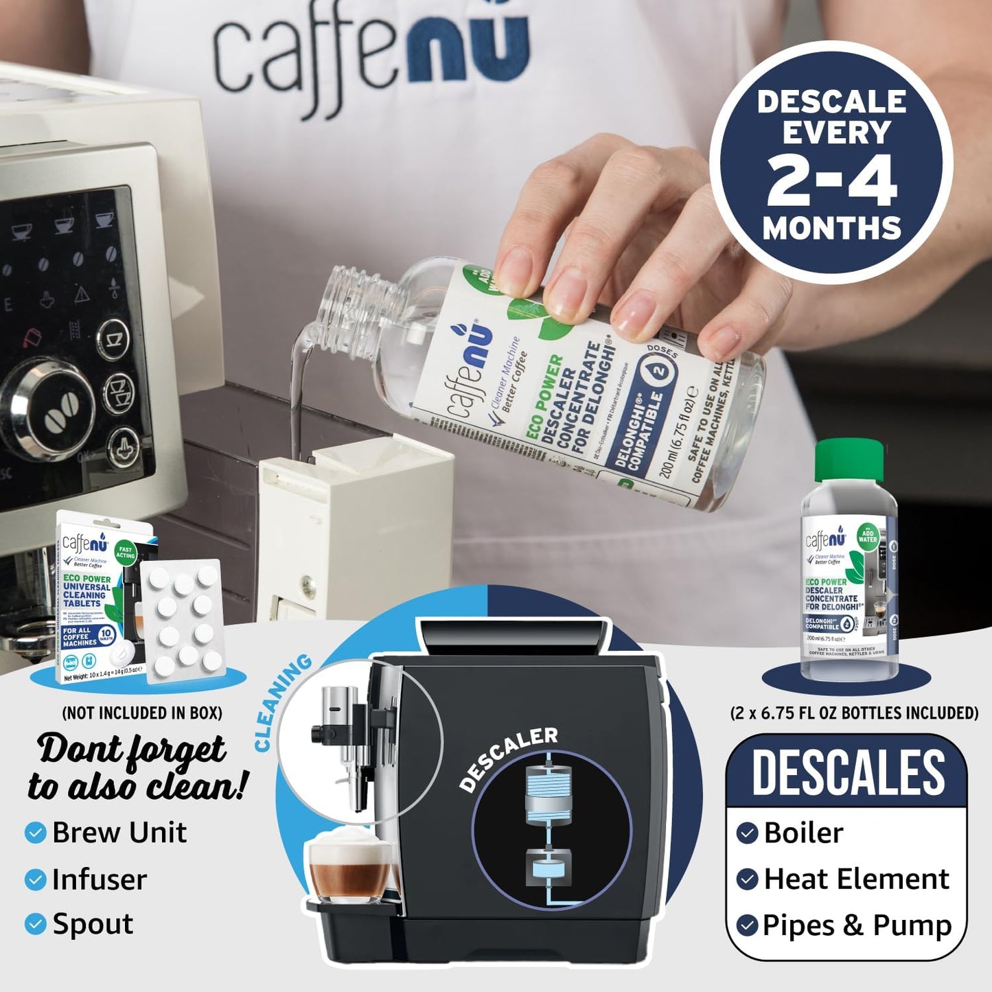 Delonghi Compatible Descaling Solution. 2 Bottles of Descaler Solution. Descaling Kit Removes Limescale For Hotter Coffee. 4 Uses Descaler For Delonghi Coffee Machines.