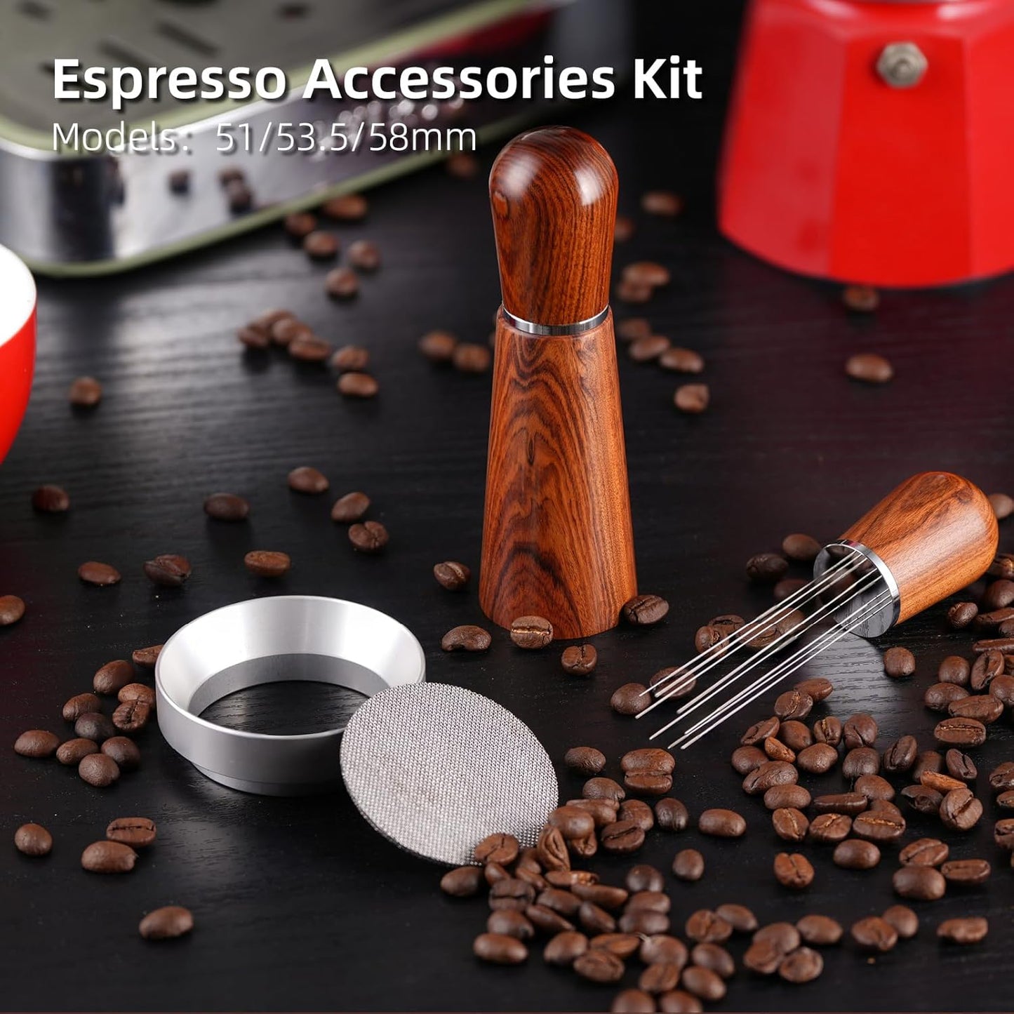 51mm Espresso Accessories Kit,316 Stainless Steel WDT Tool Espresso,Dosing Funnel and Puck Screen Set,Espresso Distribution Tool,Espresso Coffee Stirrer for Barista