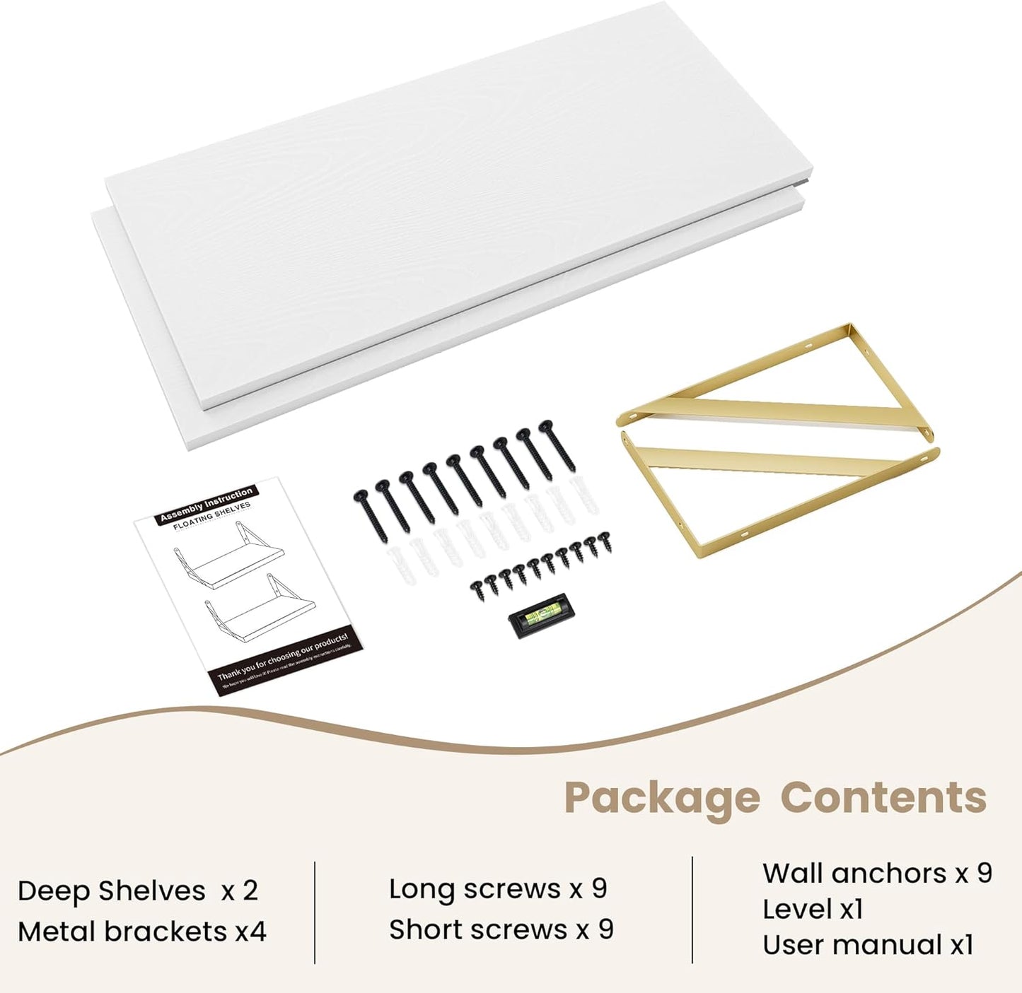 Floating Shelves for Wall, 12 Inch Deep Floating Shelves Set of 2, 30W x 12D Large Wall Shelf with Sturdy Metal Brackets for Living Room, Bathroom, Bedroom and Kitchen, White with Gold Bracket