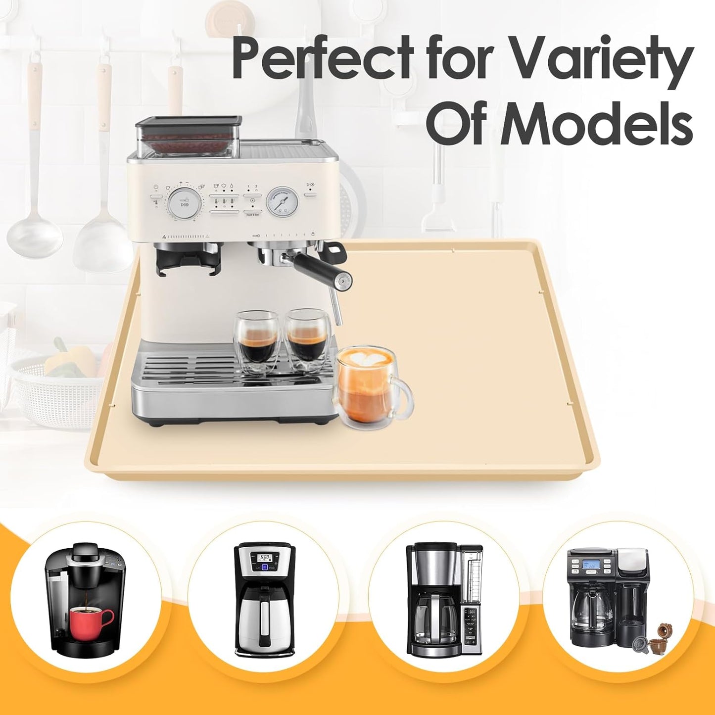 TOHONFOO Silicone Coffee Maker Mat with Lip, 19.7'' x 15'' Heavy Duty Coffee Maker Mat for Countertops, Coffee Tray Fit Under Coffee Machine Appliance Automatic Machines Espresso Accessory, Beige