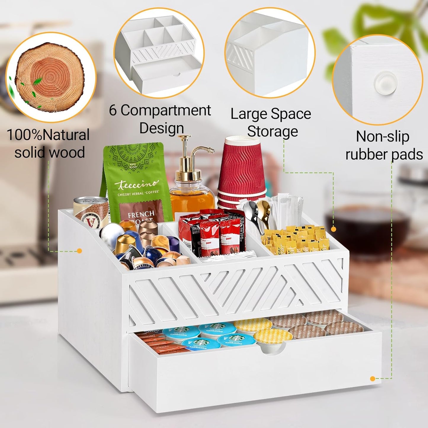 Farmhouse Wooden Coffee Bar Organizer - Countertop Station With Drawer, Pods Holder & Storage Basket