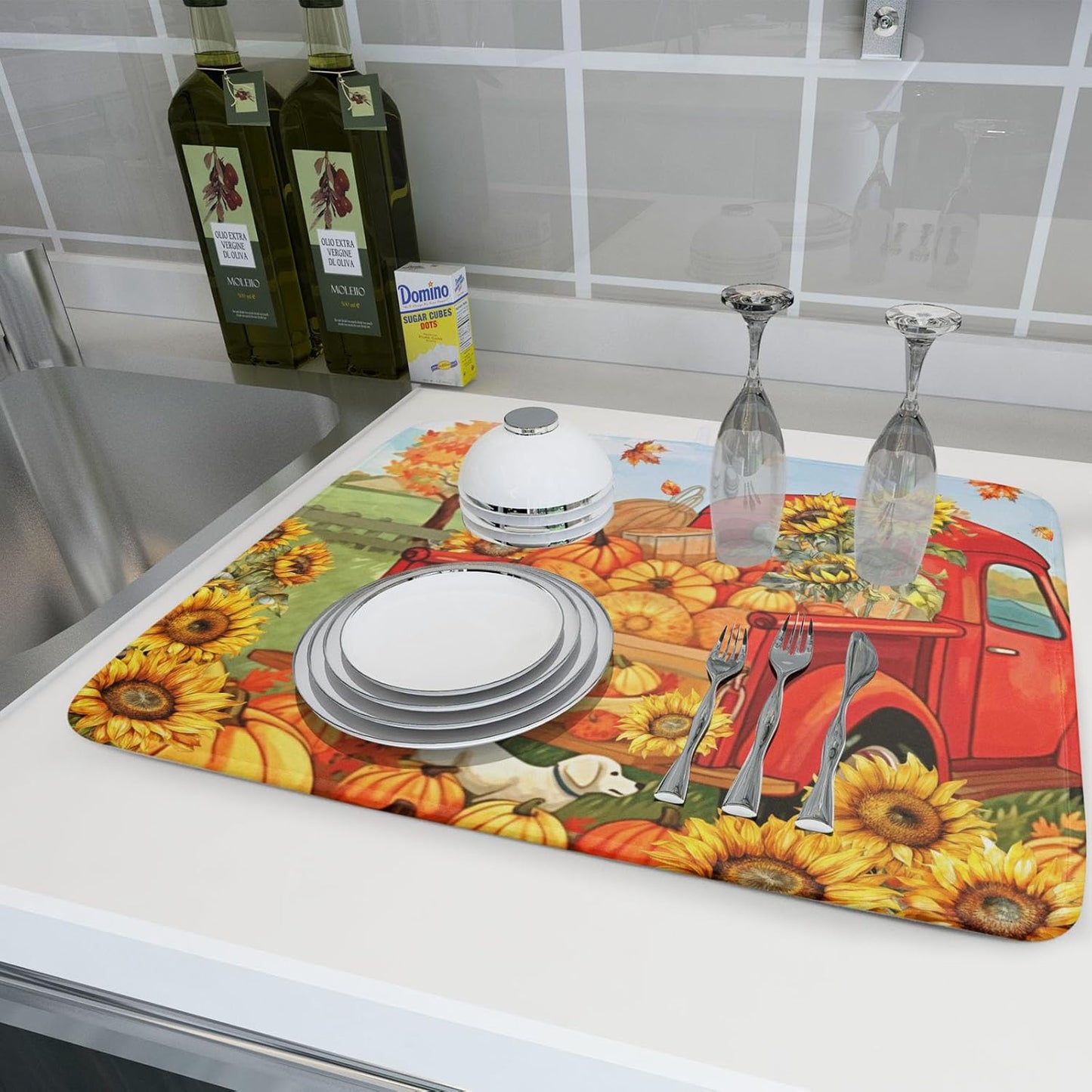 Autumn Pumpkin Red Truck Dish Drying Mat for Kitchen Counter,Fall Leaves Sunflower Cue Dog Harvest Drying Mat 18 x 24 Inch Microfiber Dish Drying Pad Dish Rack Drainer Mat for Coffee Bar