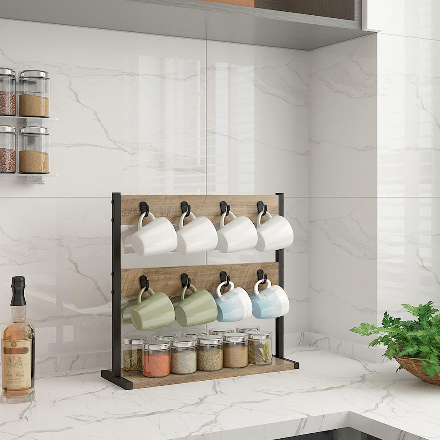 IBUYKE Wood Coffee Mug Holder for Countertop,16 Hook Mug Tree Holder Rack with Storage Base,Mug Display Organizer,Mug Holders for Home Kitchen,Greige UTBJ001Y