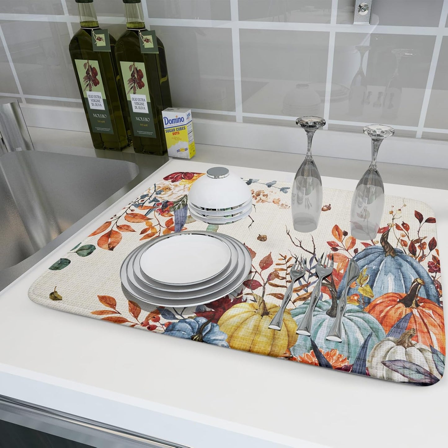 Giwawa Fall Dish Drying Mat for Kitchen Countertop, Watercolor Autumn Teal Blue Orange Pumpkins Floral Dish Drainer Mats, Thanksgiving Harvest Absorbent Dish Drying Pad Decor, 18x24 inch Large