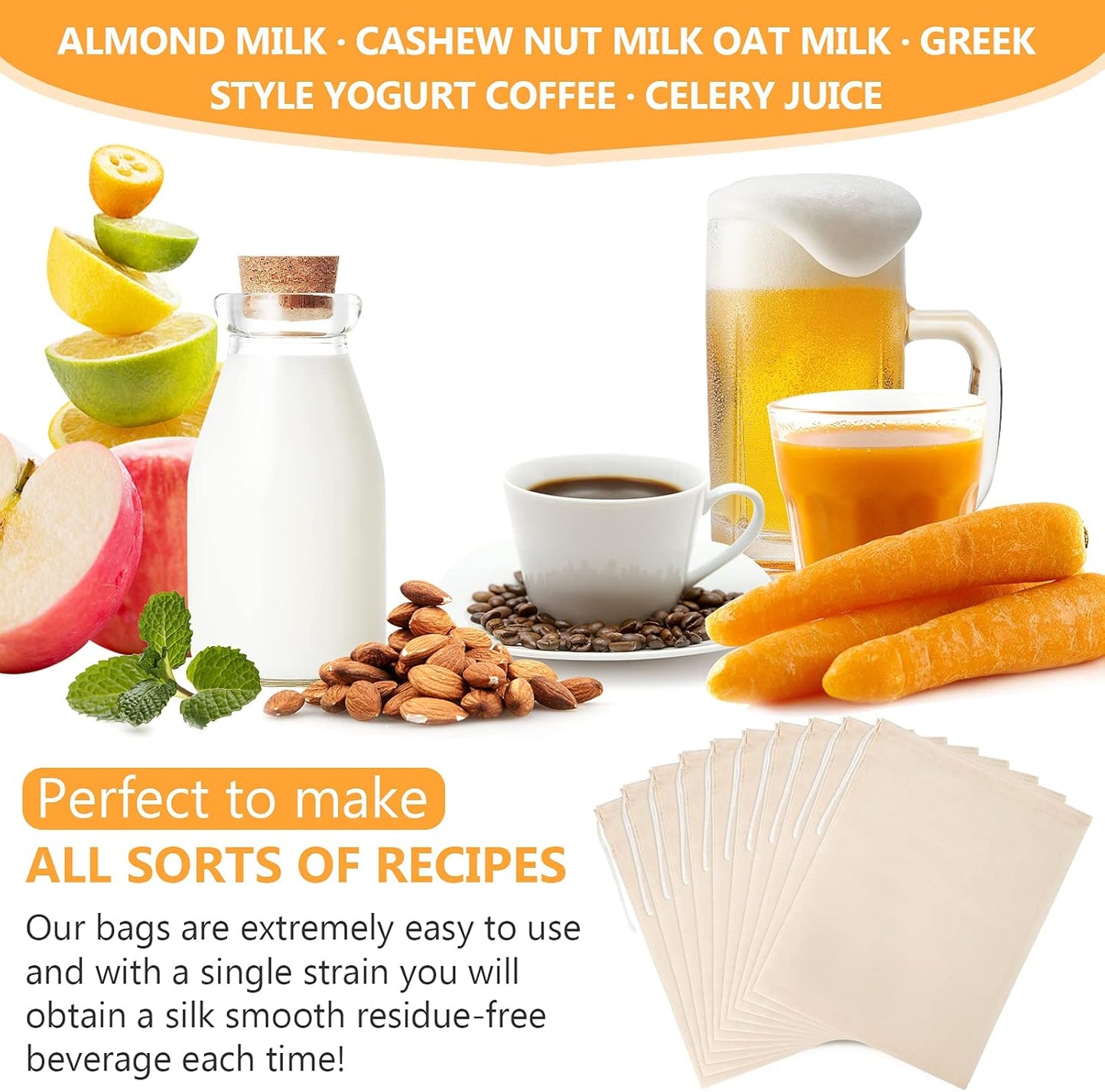 10 Pack Nut Milk Bag, Multi-size Fine Mesh Grade Reusable Cheesecloth Bags Strainers, Unbleached Organic Cotton Filter Bags for Almond Milk, Juices, ColdBrew, Cheese, Tea, Yogurt, Coffee