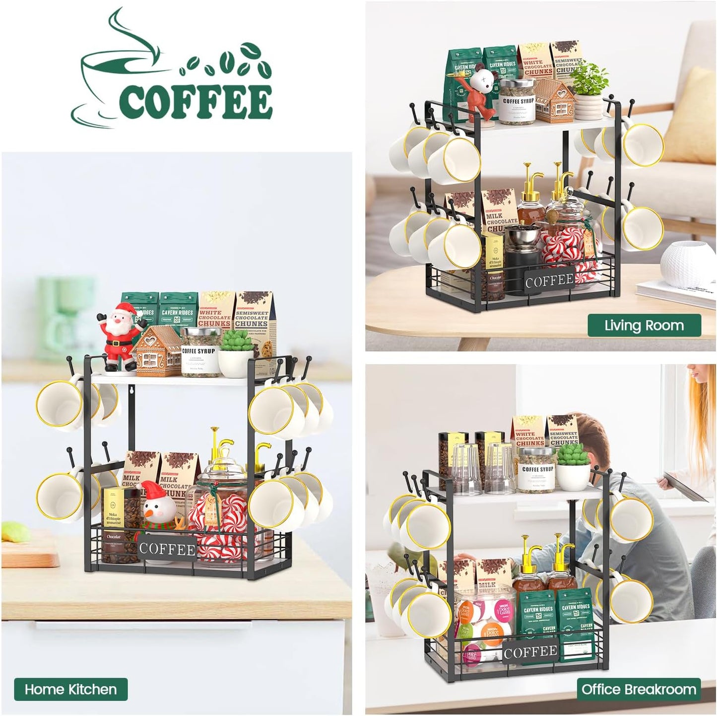EsLuker.ly Coffee Mug Cup Holder Stand Bar Station Organizer for Countertop, Multi-Functional 2 Tier Mug Tree Rack for Kitchen, Storage Shelf with 12 Hooks, White-Black(Patented Design)