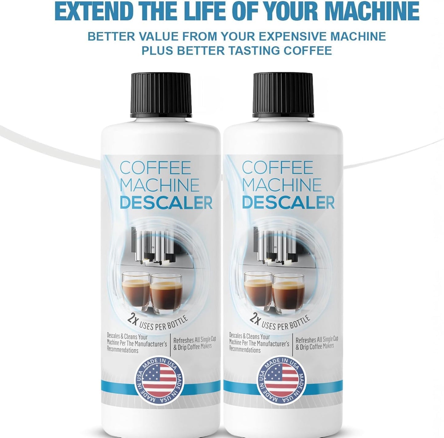 Descaling Solution for Coffee & Espresso Machines - 2 Bottle Pack (4 Uses) - Universally Compatible Descaler Cleaner for Keurig, Breville, Nespresso, Delonghi & All Single Use or Drip Machines