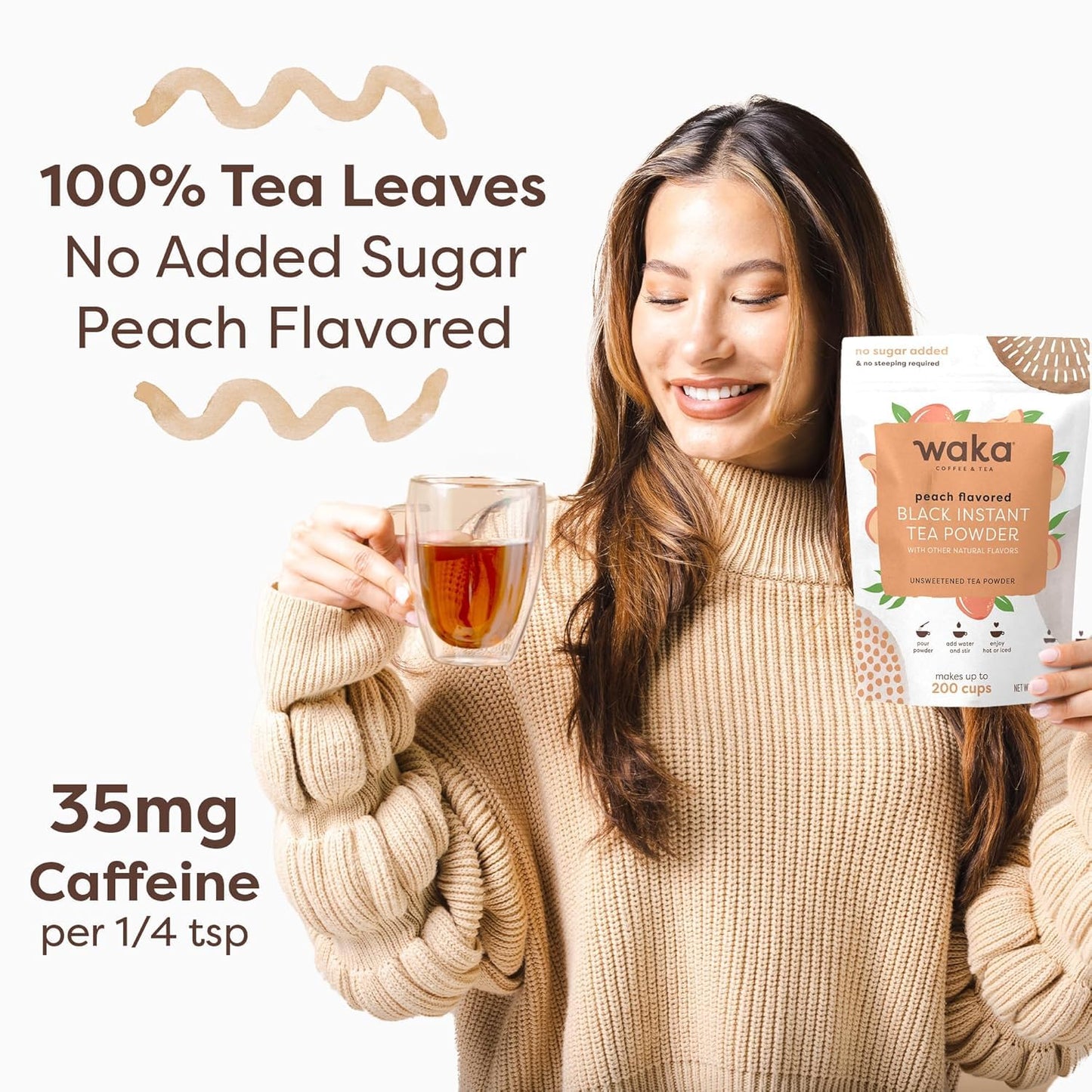 Waka Instant Black Tea Mix, Peach Flavored - 100% Tea Leaves, No Additives, Unsweetened Tea Powder for 50 Quarts or 200 Cups – Easy and Quick Hot or Iced Teas (4.5oz)