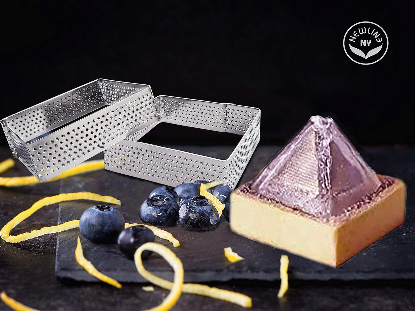 NewlineNY Stainless Steel 6 Pcs Perforated Oval, Rectangular, Square Tart Rings Molding Plating: 2 of each (5" x 1.5") + (4" x 1.5") + (2.8" square) x (0.8" H) Sizes