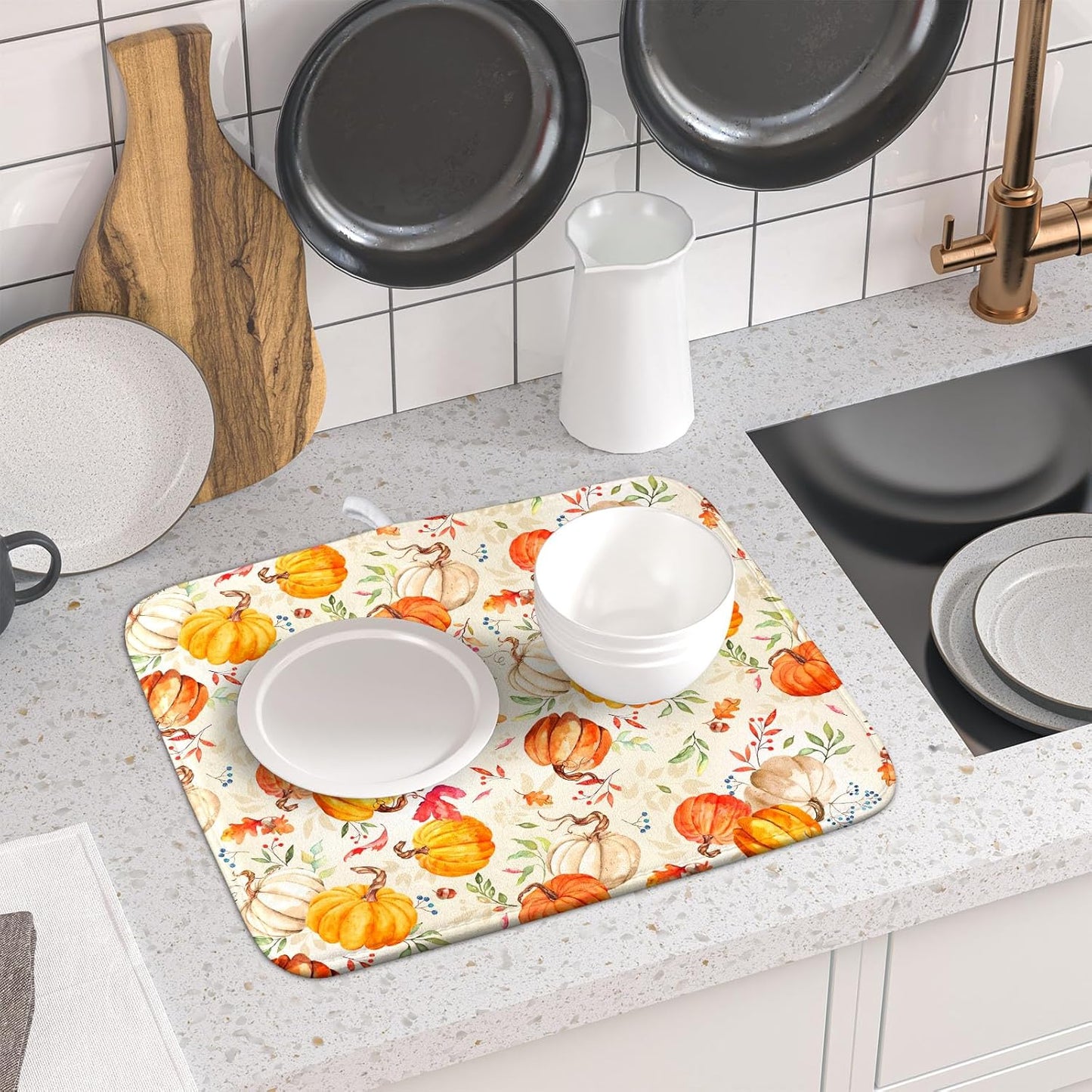 Autumn Fall Dish Drying Mat for Kitchen Counter Watercolor Pumpkin Maple Leaves Drying Mat 16 x 18 Inch with Absorbent Reversible Microfiber Dish Drying Pad Dish Rack Drainer Mat for Coffee Bar