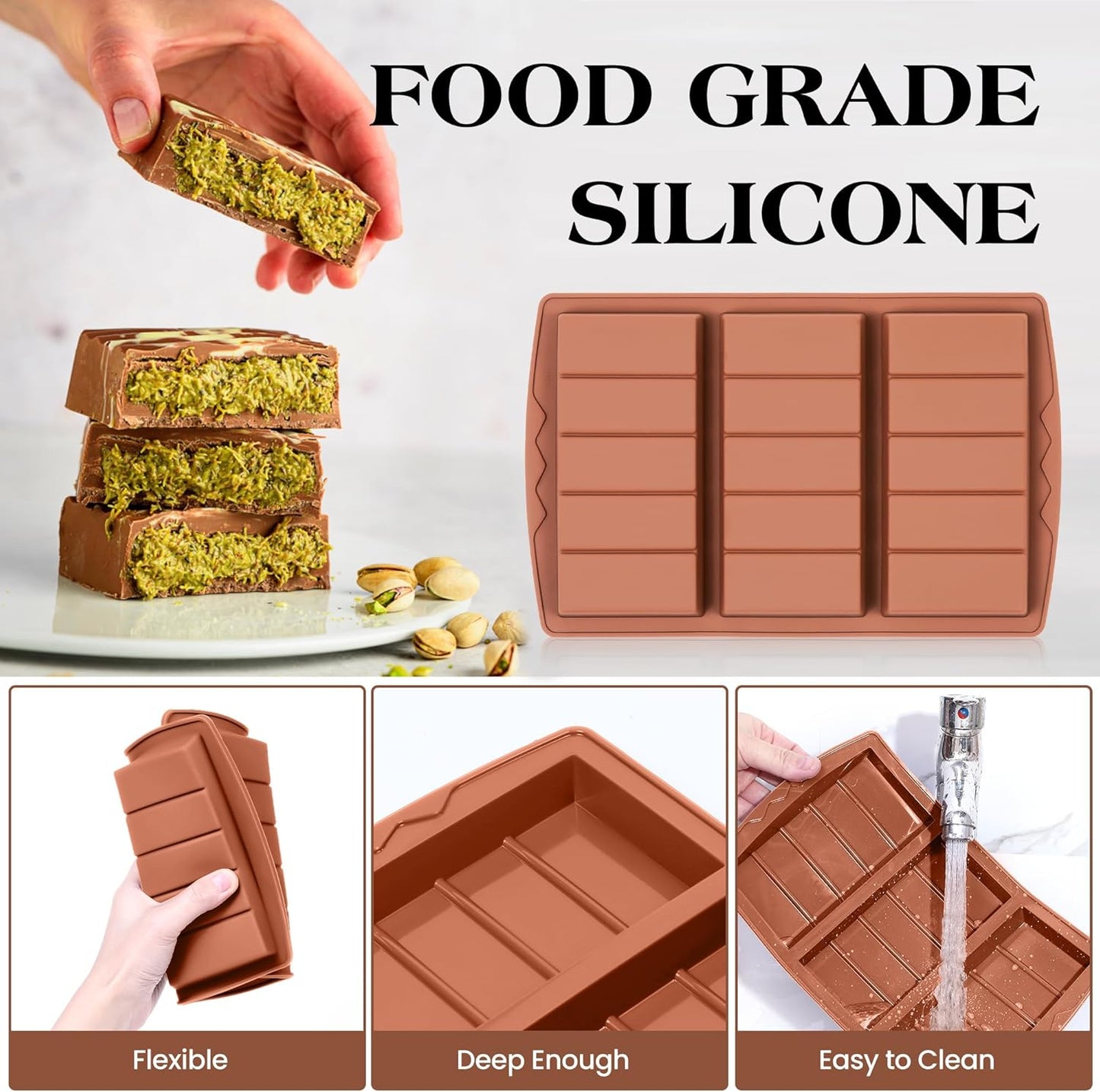 2 Pcs Chocolate Bar Molds Deep Large Chocolate Molds Silicone Break Apart Thick Silicone Molds for Candy Bar, With 100 Pcs Bags and 1 Pc Scraper Set (5 Snap)