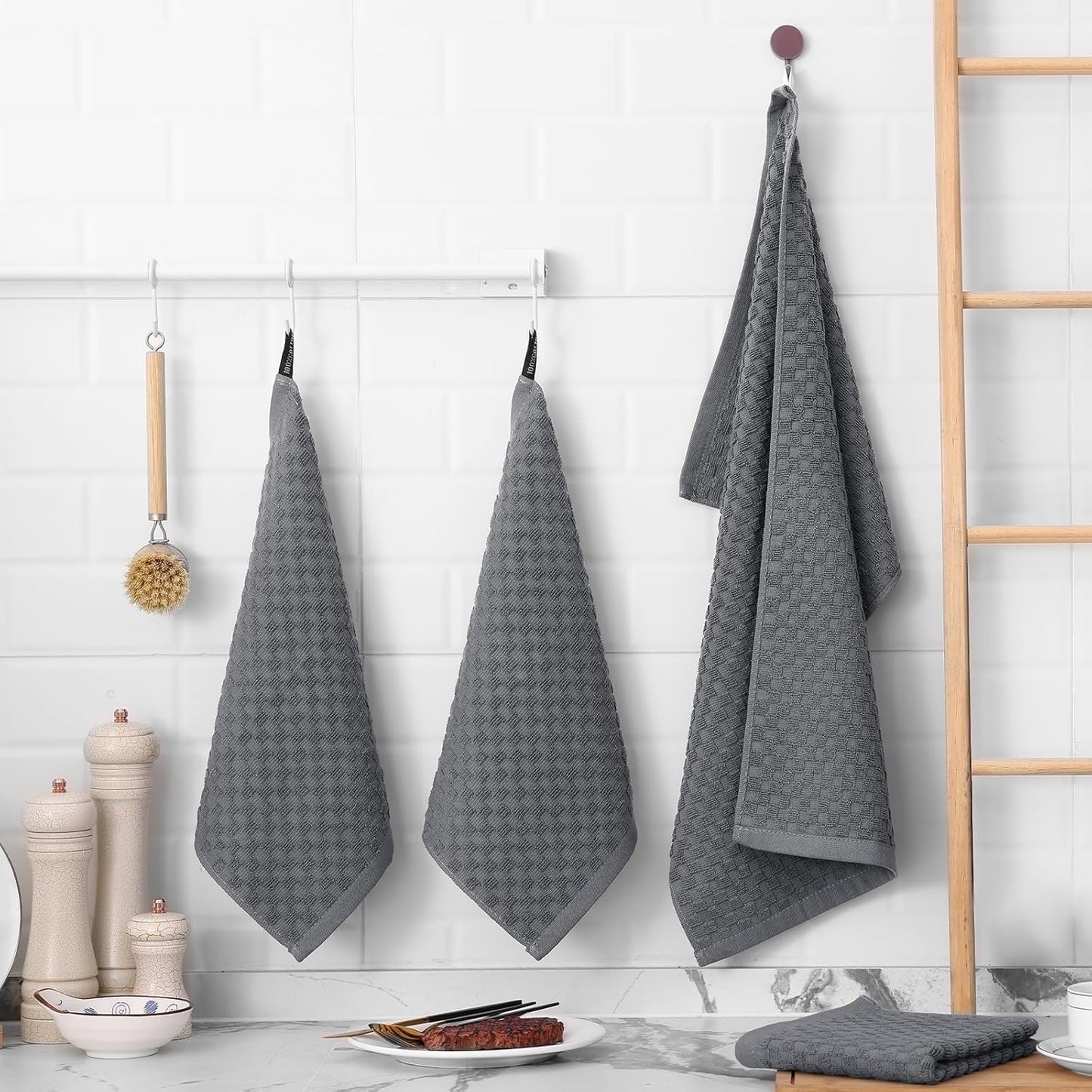 Fintale 100% Cotton Kitchen Towels and Dishcloths Set, 12 x 12 & 15 x 25 Inches, Set of 10 Bulk Super Soft and Absorbent Terry Cloth Dish Towels, Quick Drying Hand Towels with Hanging Loop, Dark Grey