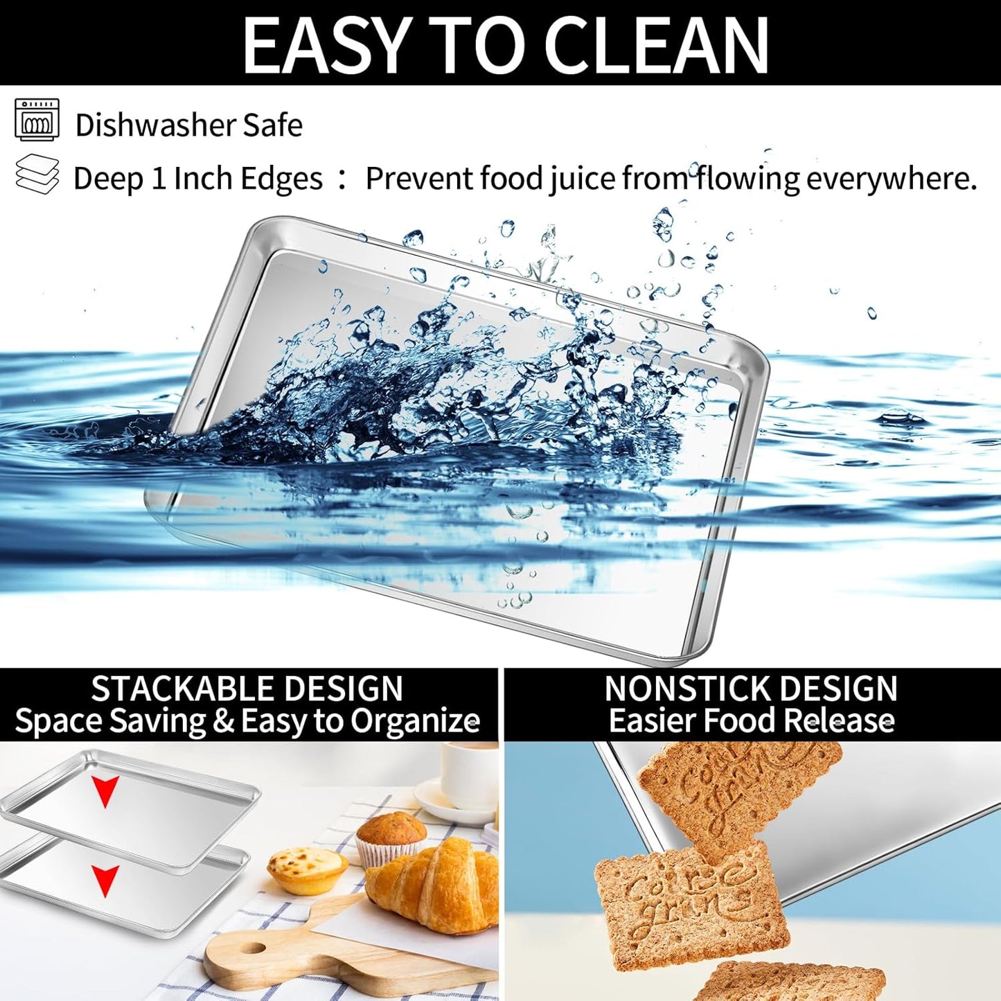 CEKEE Baking Sheet with Wire Rack Set of 6 (3 Cookie Sheets for baking + 3 Cooking Racks), Stainless Steel Stainless Steel Baking Pans Set with Cooling Rack - Heavy Duty & Dishwasher Safe