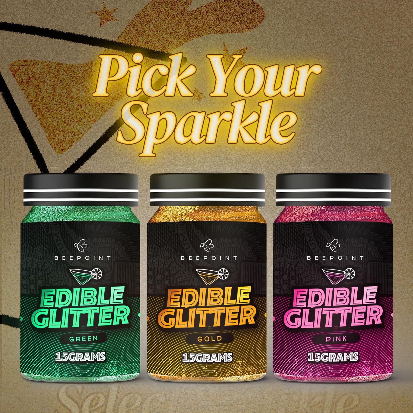BeePoint Gold Edible Glitter for Drinks 15g - Food Grade, Vibrant Color Shimmer Powdered Dust for Drinks, Cocktails, Cake Decorating, Baking, Chocolates, Candy, Sweets, & Cookies - Vegan & Gluten Free