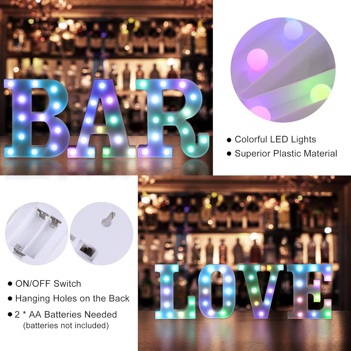 Foaky Colorful LED Letter Lights with Remote,Marquee Light Up Letters Sign for Night Light Wedding/Birthday Party Battery Powered Christmas Lamp Home Bar Decoration(N)