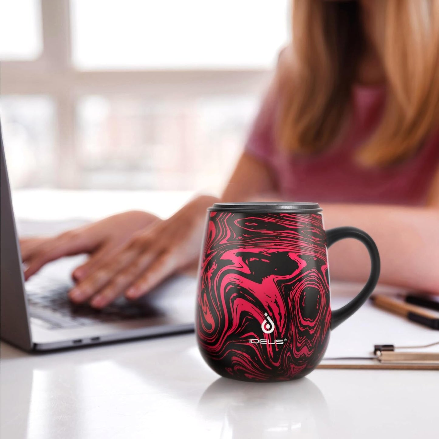 Ideus 16 oz (470 ml) Insulated Coffee Mug with Handle and Lid, Double Wall Stainless Steel Vacuum Thermal Coffee Mug, Travel Coffee Cup Thermal Cup for Home and Office (Red Zebra)