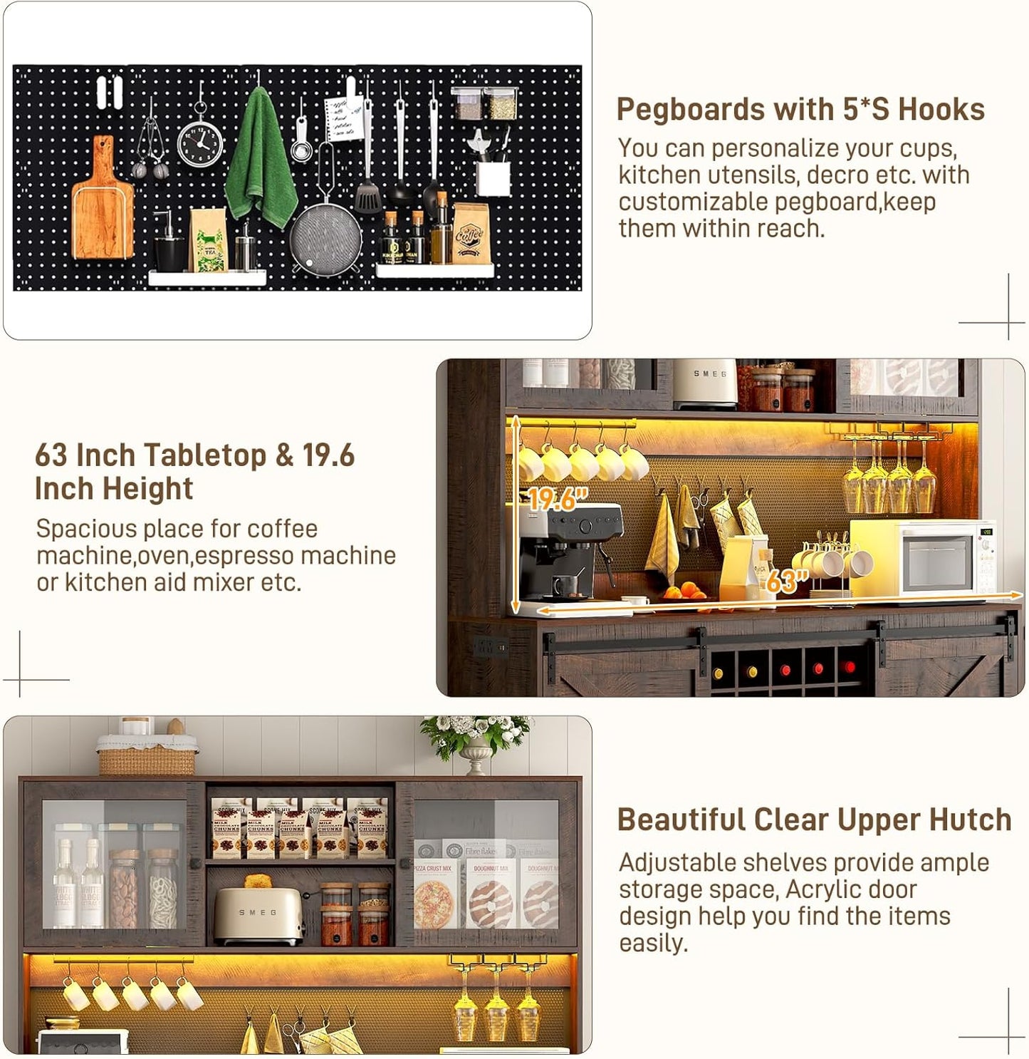 74" Tall 63" Wide Large Coffee Bar Cabinet w/Outlet,6000-color LED Light,Pegboard,Farmhouse Hutch Cabinet w/Barn Door,2 Big Drawers,Adjustable Shelves,10 Wine & Glasses Rack,5 Hook for Kitchen,Brown