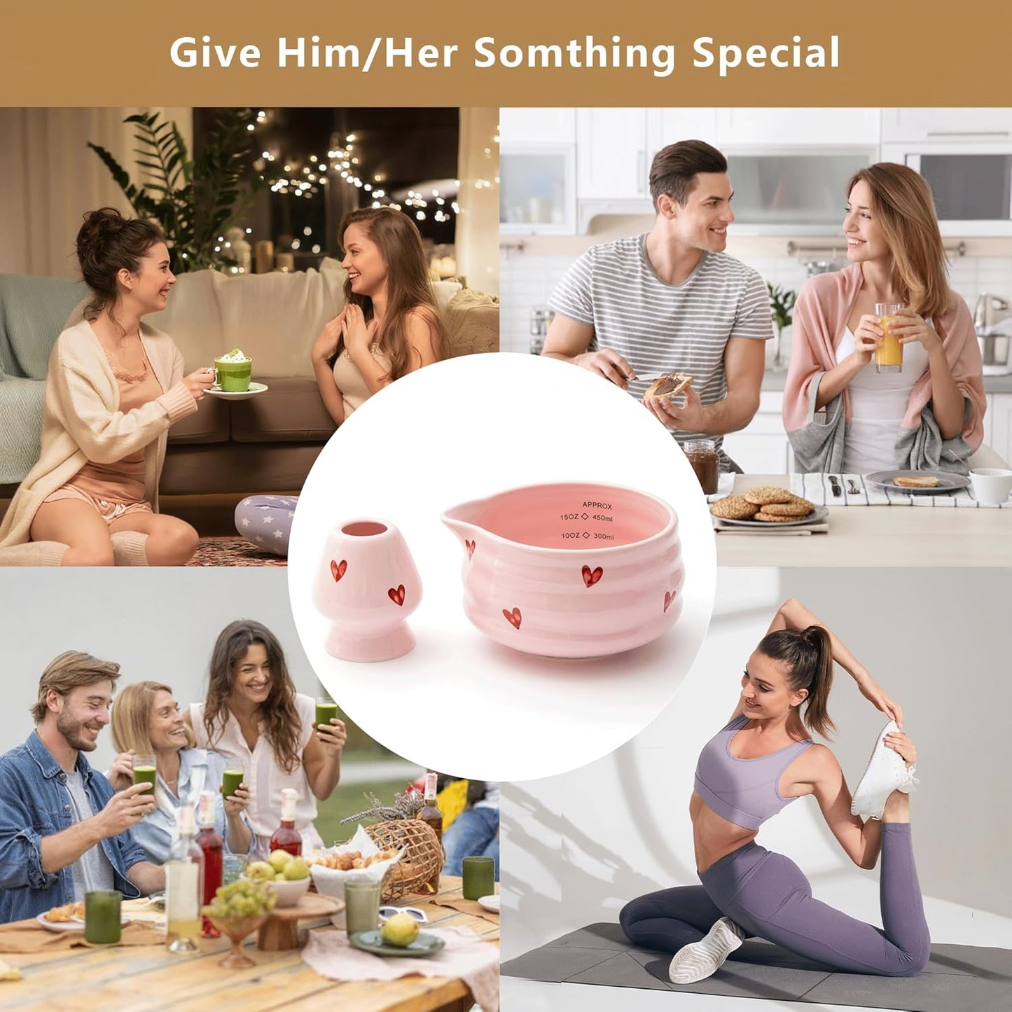 2pcs Matcha Bowl with Whisk Holder, Ceramic Pink Matcha Bowl with Spout, 16.5OZ Porcelain Bowl with Measurement Marks, Tea Mixing Bowl with Whisk Stand, Cute Matcha Gift Set (pink love)