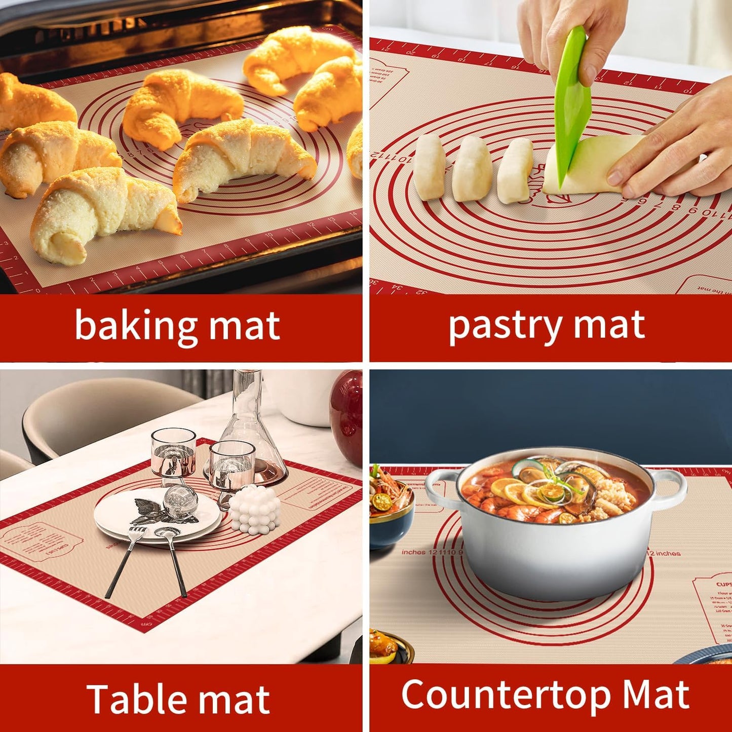 Non Stick Silicone Pastry Mat, Dough Mat for Rolling, Food-grade Reusable Baking Mat Fondant Mat Nonslip Kitchen Mat for Counter Oven Mat for Making Cookies Macarons Bread Pizza