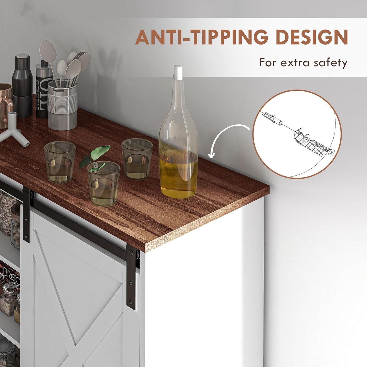 HOMCOM Farmhouse Coffee Bar Cabinet, 33" Buffet Sideboard with Sliding Barn Door and Adjustable Shelf, Kitchen Buffet Cabinet, White