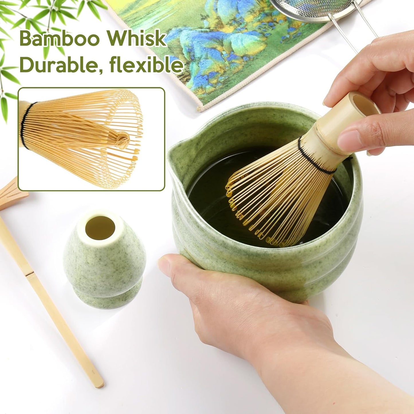 Matcha Whisk Set, 7 PCS Matcha Kit for Tea Ceremony, Matcha Whisk and Holder, Ceramic Matcha Bowl with Spout, Bamboo Scoop, Scoop Holder, Stainless Matcha Sifter and Tea Towel