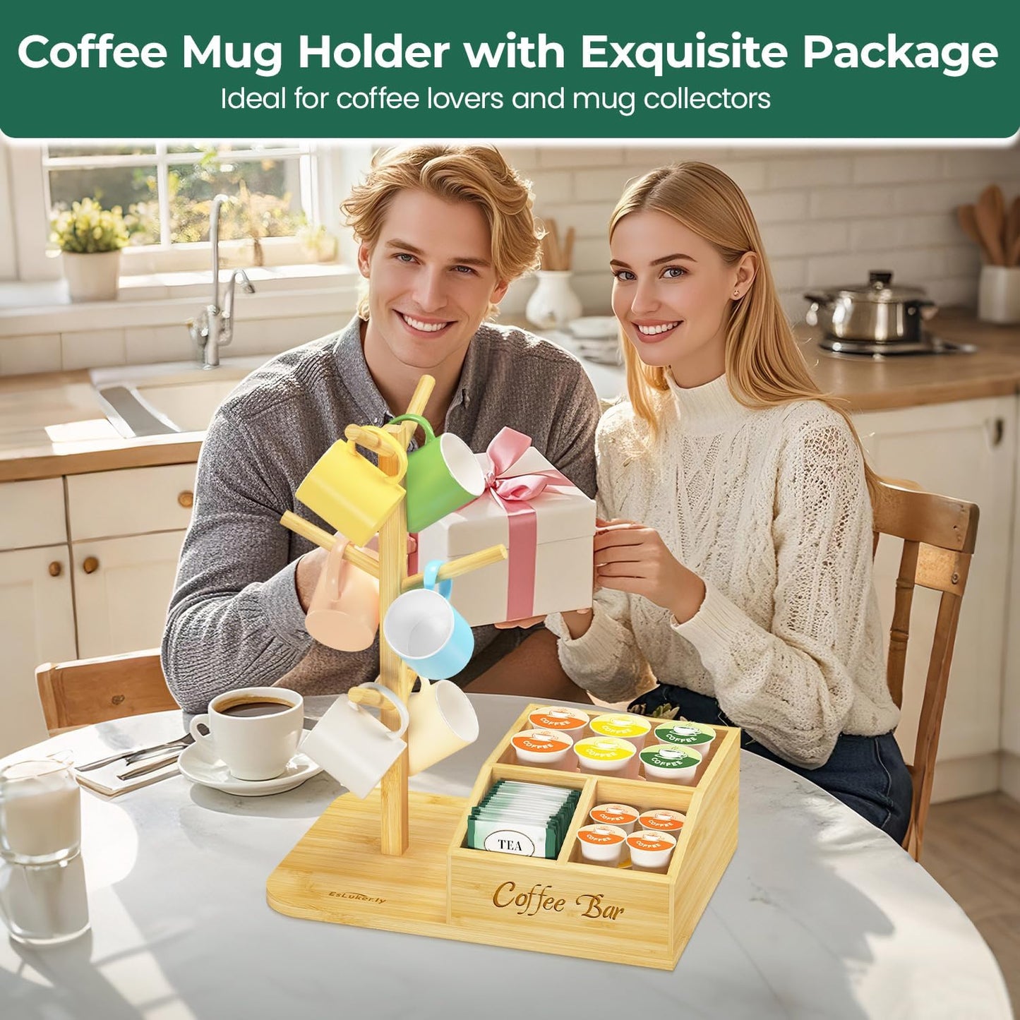 EsLuker.ly Mug Tree Holder Stand, Countertop Bamboo Coffee Cup Organizer Rack for Kitchen Office, Space-Saving Coffee Station Bar Organizer with 6 Hooks, Modern Design Enhances Decor