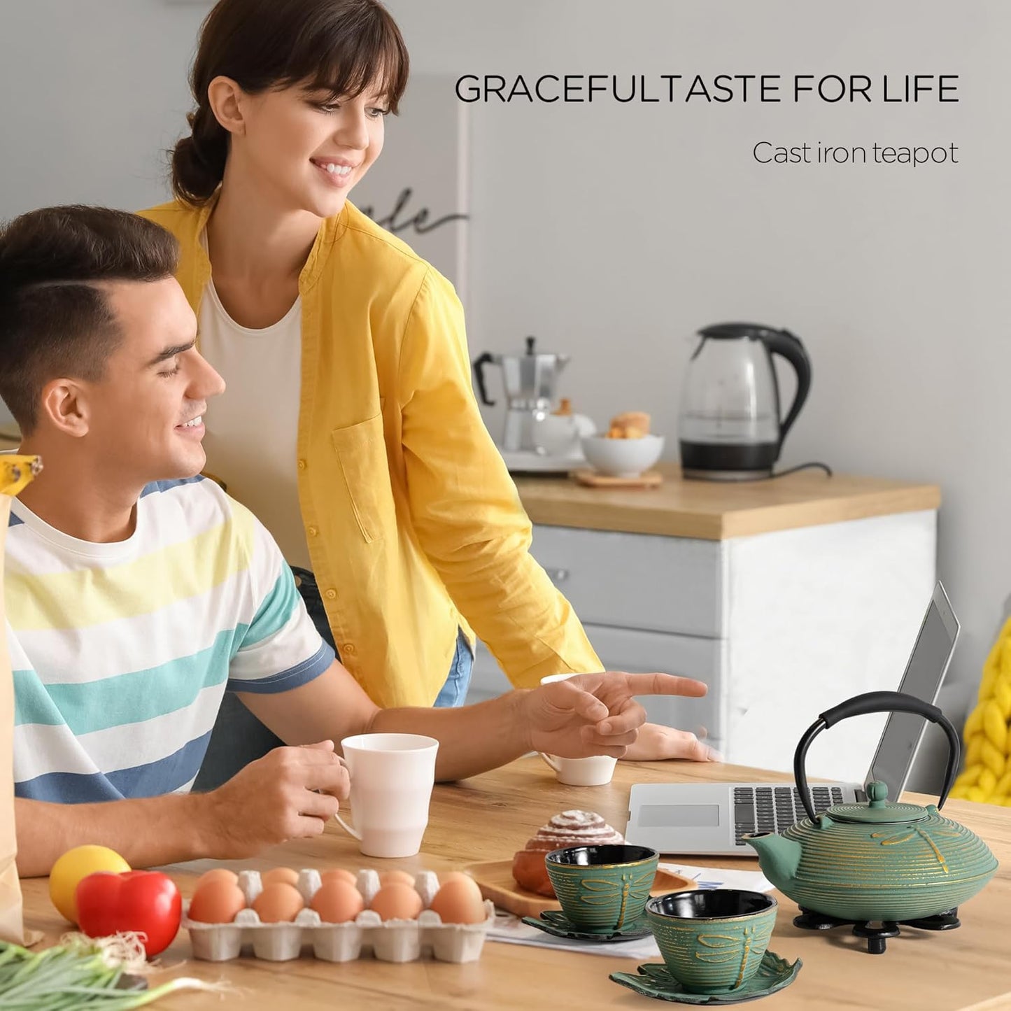 Cast Iron Teapot Set with 2 Tea Cups, 7 Pcs Japanese Tea Kettle with Stainless Steel Infuser, Tea Pot Coated with Enameled Interior, Dragonfly Pattern, 28oz 800ml Green