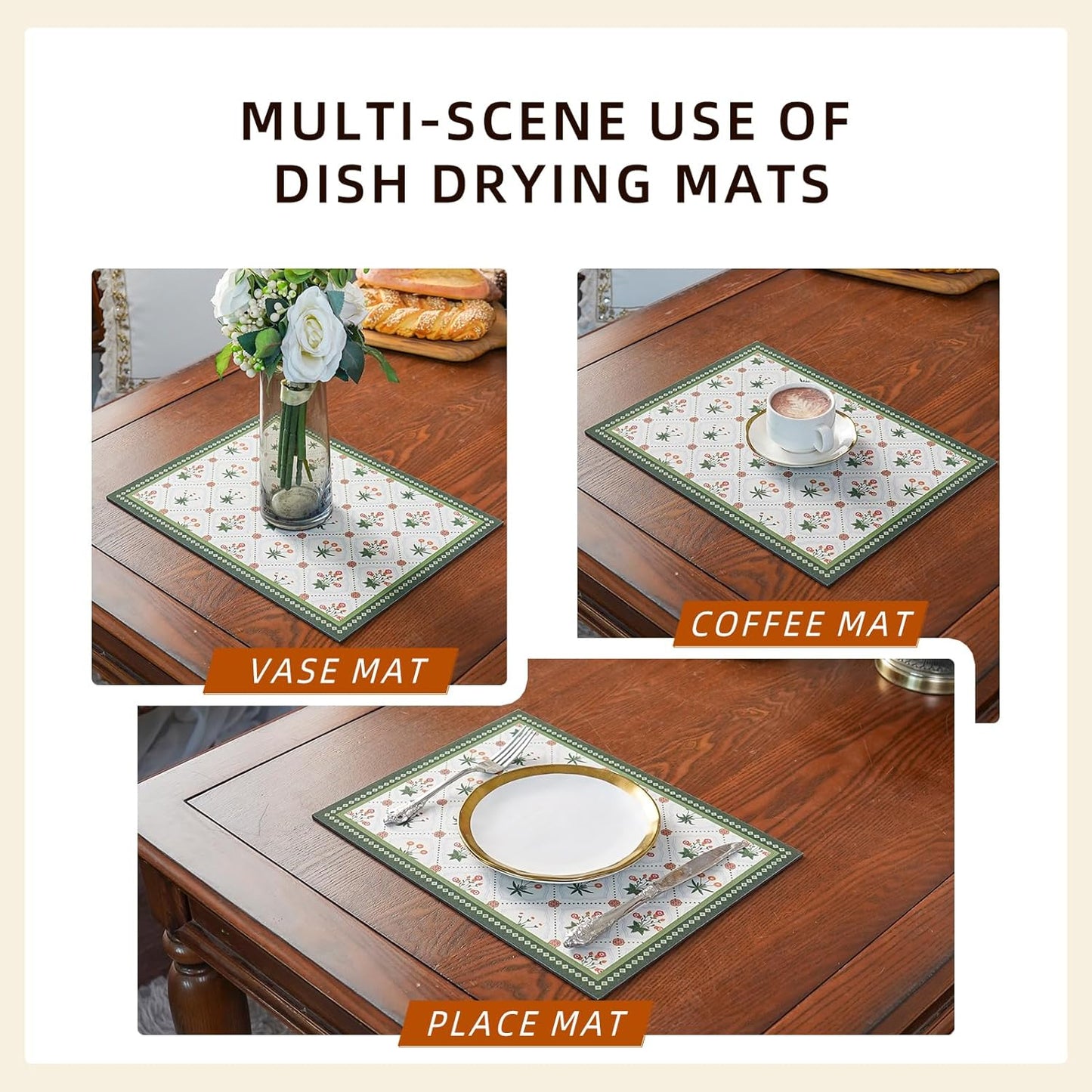 Dish Drying Mat, Diatomaceous Earth Soft Coffee Mat, Absorbent Silicone Dish Drying Mat for Kitchen Counter or Sink for Kitchen Bathroom Coffee Bar (Green, 12 x 16 Inches)