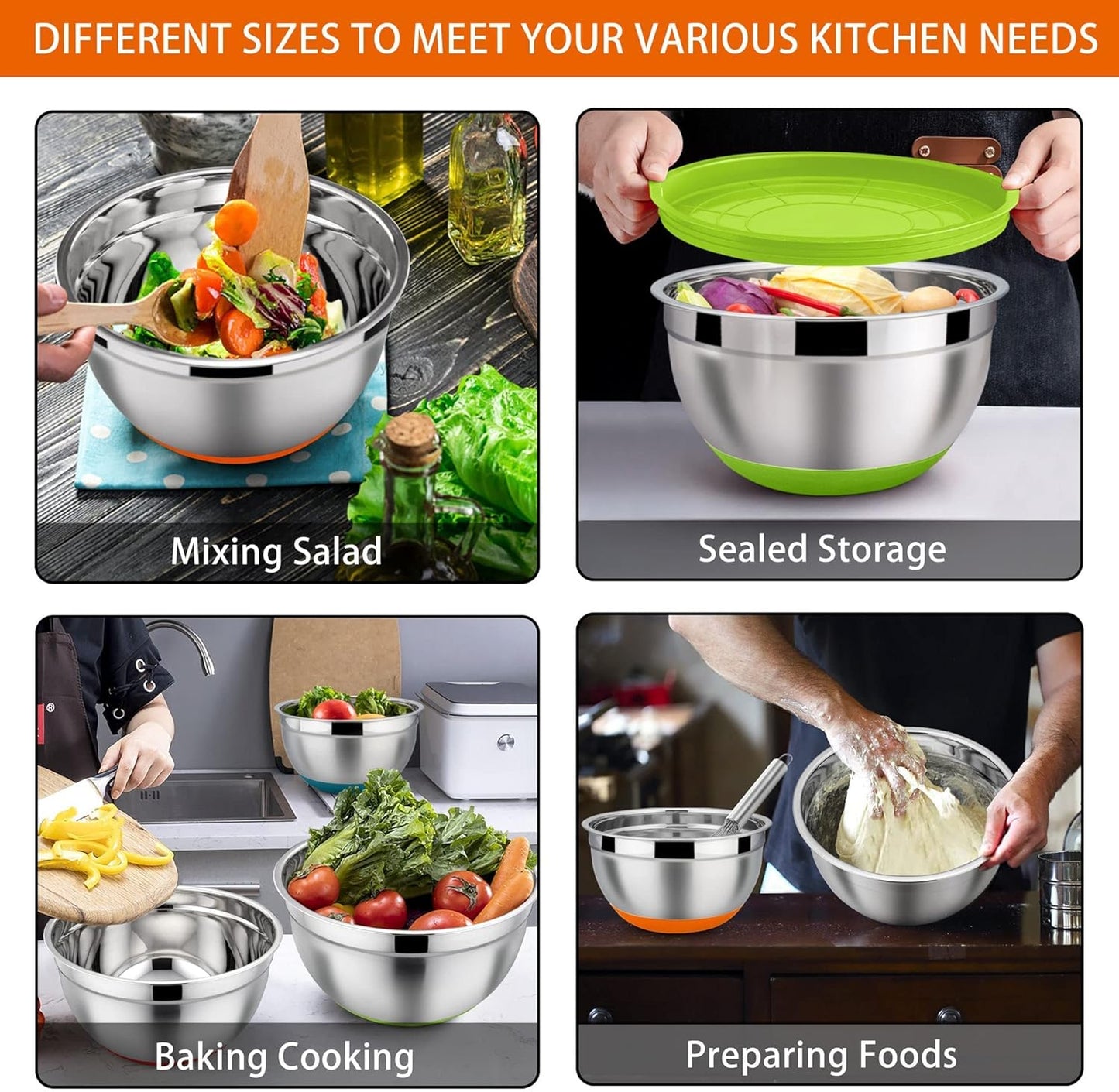 LIANYU Nesting Mixing Bowls Set of 6 with Airtight Lids, Size 7, 3.5, 2.5, 2, 1.5, 1QT, Large Stainless Steel Metal Bowls for Baking Cooking Food Storage, Non-slip Bottom, Colorful