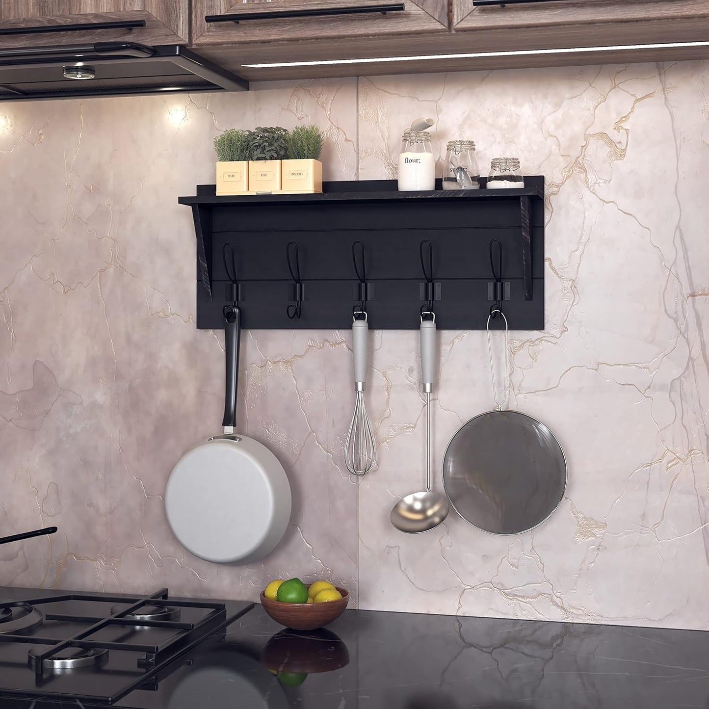 HBCY Creations 24" Wall Mounted Storage Rack - Pine Wood Construction - Black Wash - Upper Storage Shelf - 5 Hooks - Ideal for Entryway, Kitchen, Bathroom