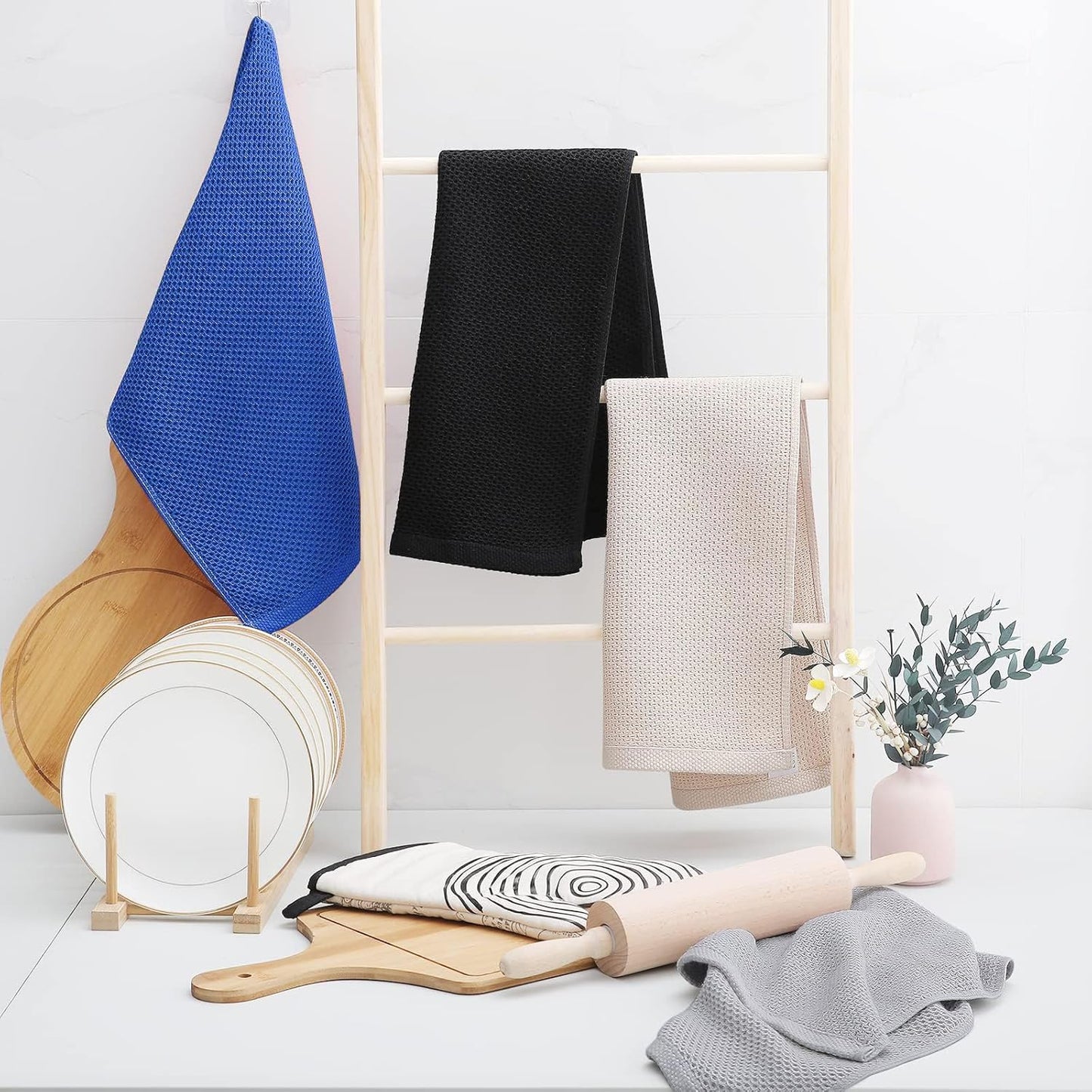 Homaxy 100% Cotton Waffle Weave Kitchen Dish Towels, Ultra Soft Absorbent Quick Drying Cleaning Towel, 13 x 28 Inches, 6-Pack, Blueberry