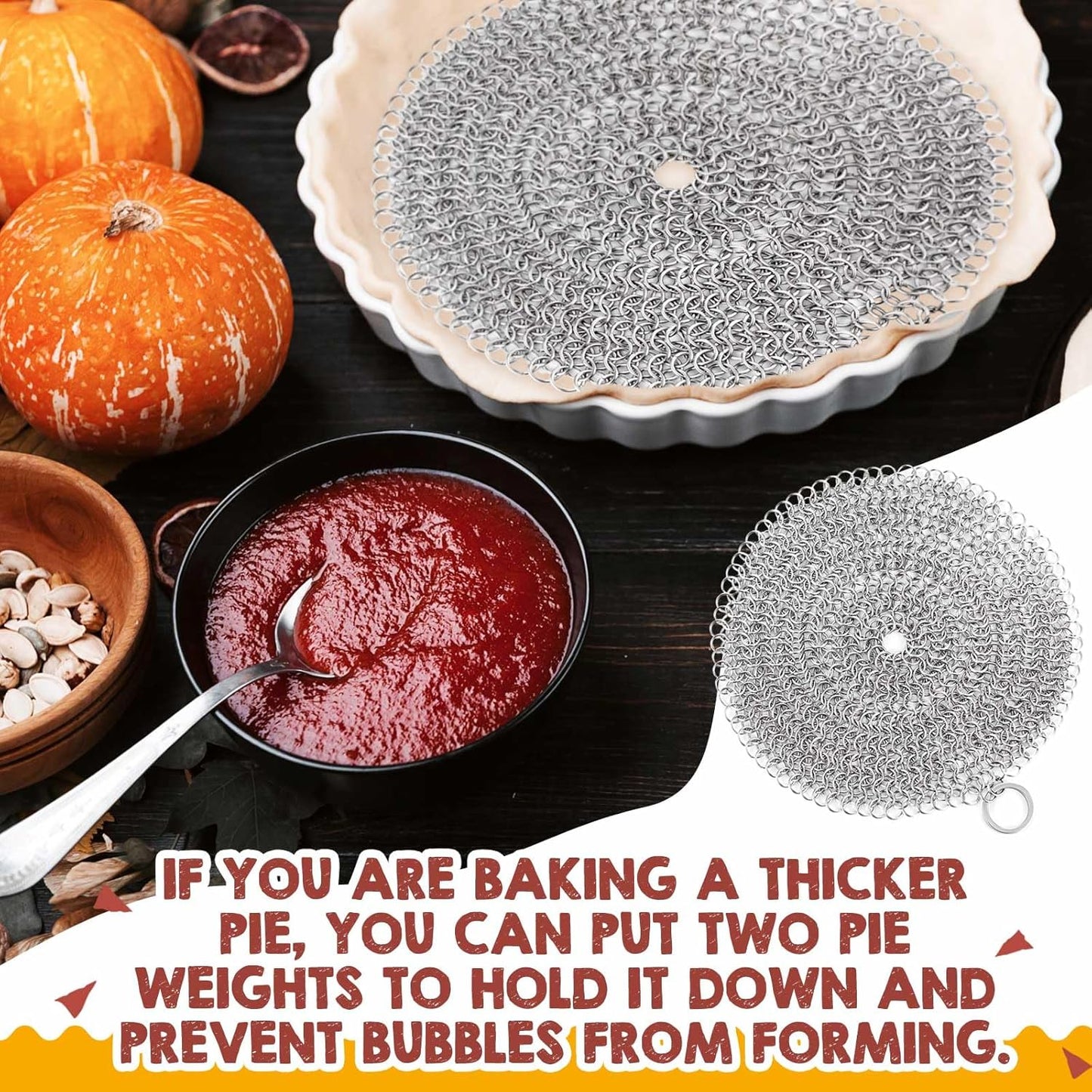 Patelai 1 Pcs Stainless Steel Pie Weights for Baking Universal Fit Pie Weight for 7-10 Inch Pies Round Metal Pies Weights Chain Dishwasher Safe Durable Blind Baking Dough Cooking Pastry (8 Inch)