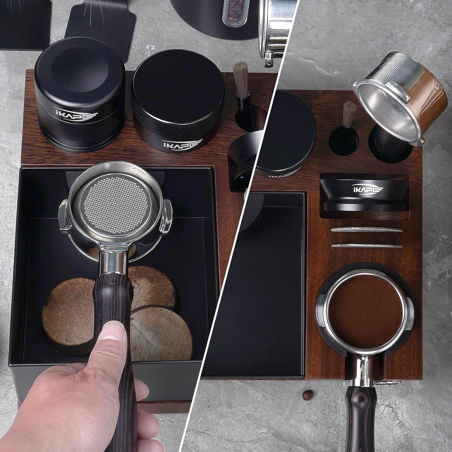 IKAPE V5 Espresso Knock Box, Espresso Coffee Organizer Box Fit for Storage 51, 54, 58MM Espresso Tamper, Distributor, Portafilter & Puck Screen Accessories, Natural Sandywood Station Base(9 IN One)