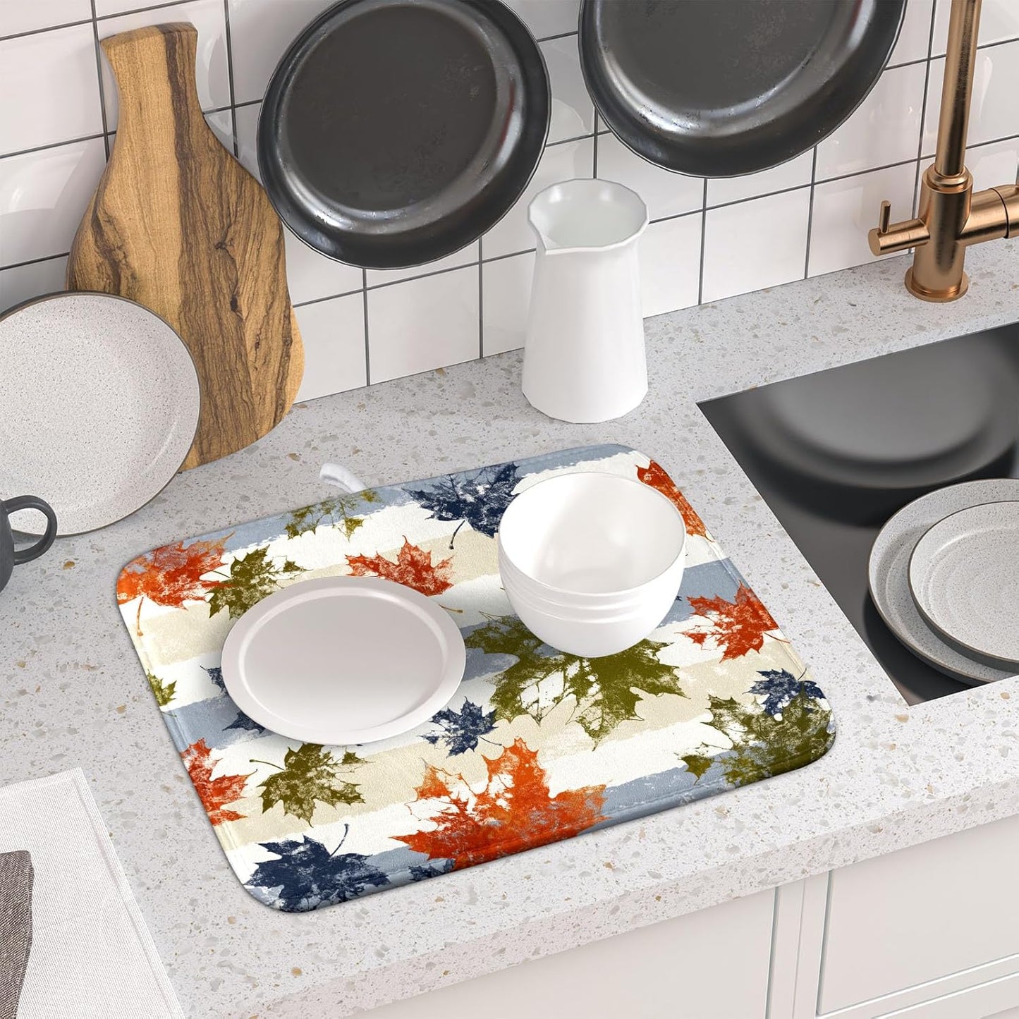Autumn Colorful Maple Leaves Dish Drying Mat for Kitchen Counter,Blue and White Stripe Drying Mat 16 x 18 Inch with Absorbent Reversible Microfiber Dish Drying Pad Dish Rack Drainer Mat for Coffee Bar