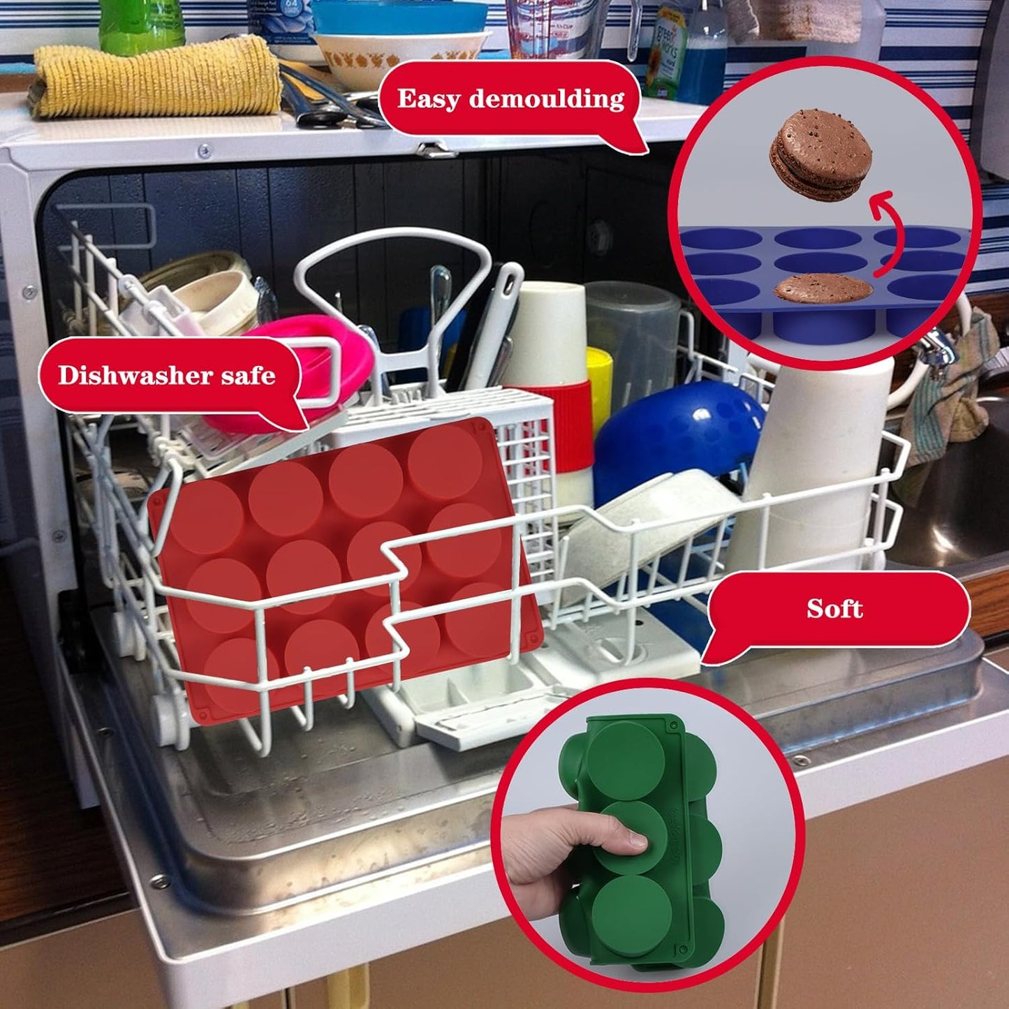 Round Chocolate Cookie Silicone Molds, New Size 12-Cavity Cylinder Chocolate Cover Cookie Silicone Molds for Candy Mini Cakes Jelly Baking (Green Red Blue)