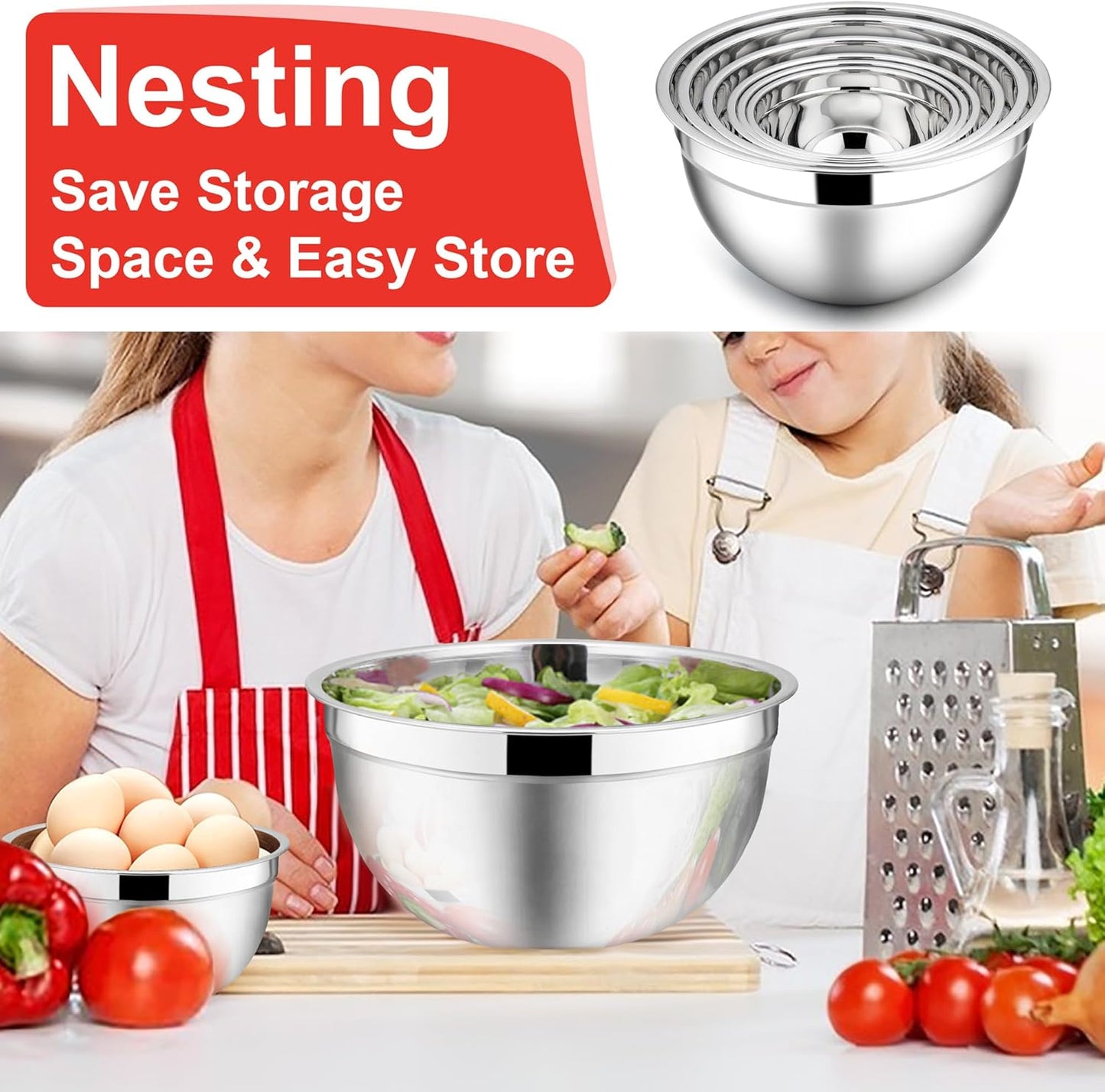 E-far Mixing Bowls with Lids, 12-Piece Stainless Steel Salad Bowls Metal Nesting Bowls for Baking Cooking and Prepping, Airtight Lids & Stackable Design, Size 7, 4.5, 3, 1.5, 1.2, 0.7 QT (Red)