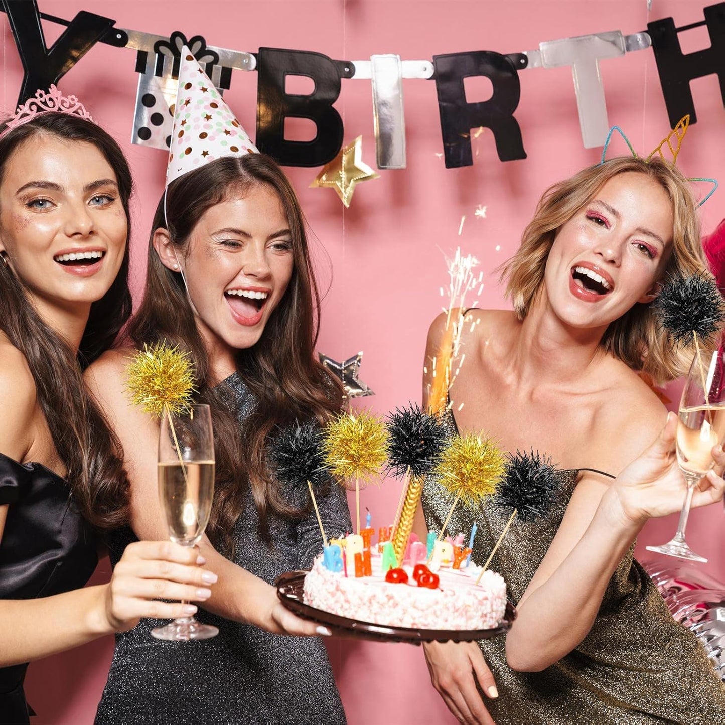 Chinco 100 Pcs Foil Firework Cupcake Toppers Sparkle Tinsel Cake Toppers Cake Decoration Cocktail Fruit Toothpick for Birthday Wedding Graduation Party(Black, Gold)