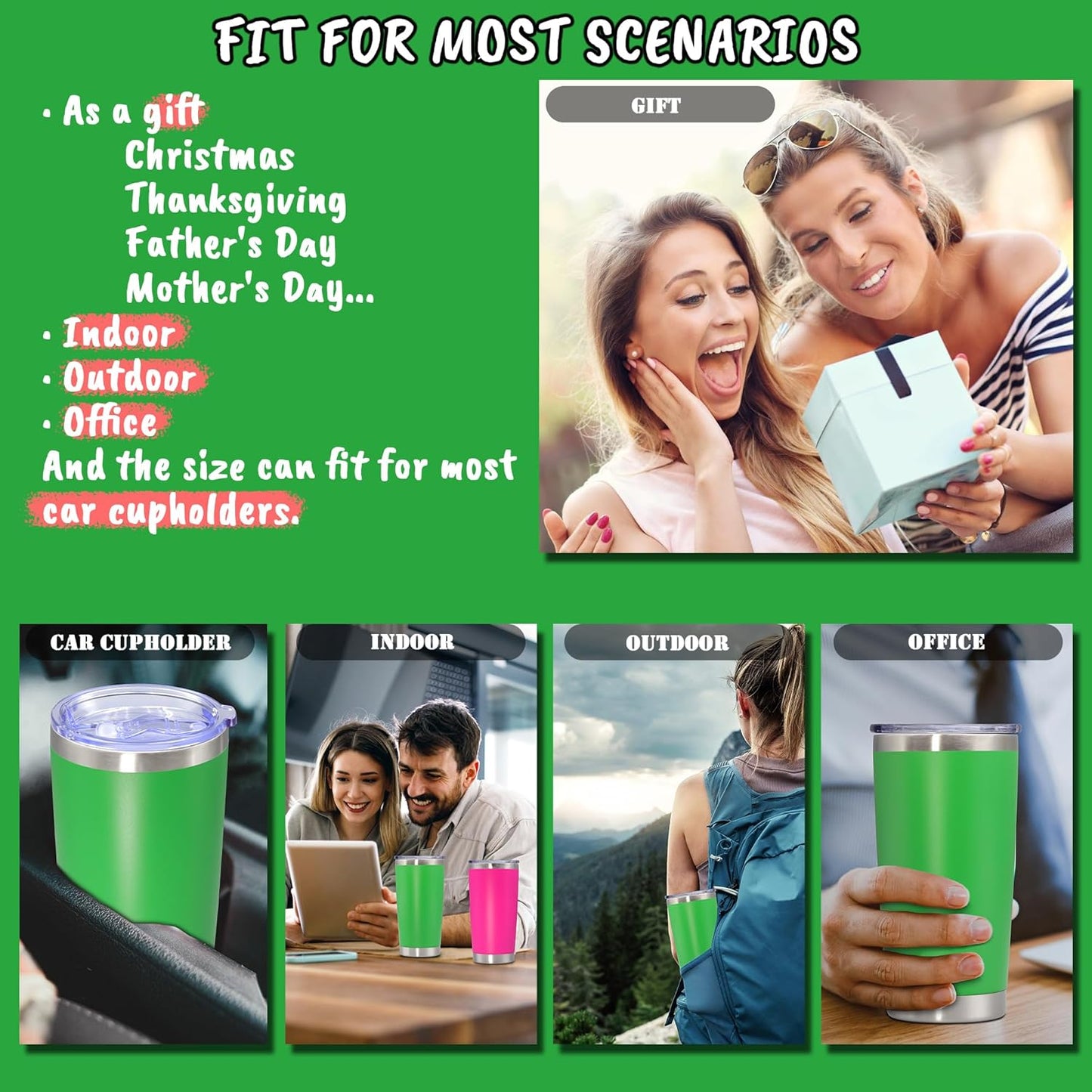 20 oz Tumbler with lid Double Wall Vacuum Insulated Tumblers Stainless Steel Coffee Mug Travel Coffee Tumbler Powder Coated Tumbler Cup Keep Hot&Cold - (Green 6 Pack)