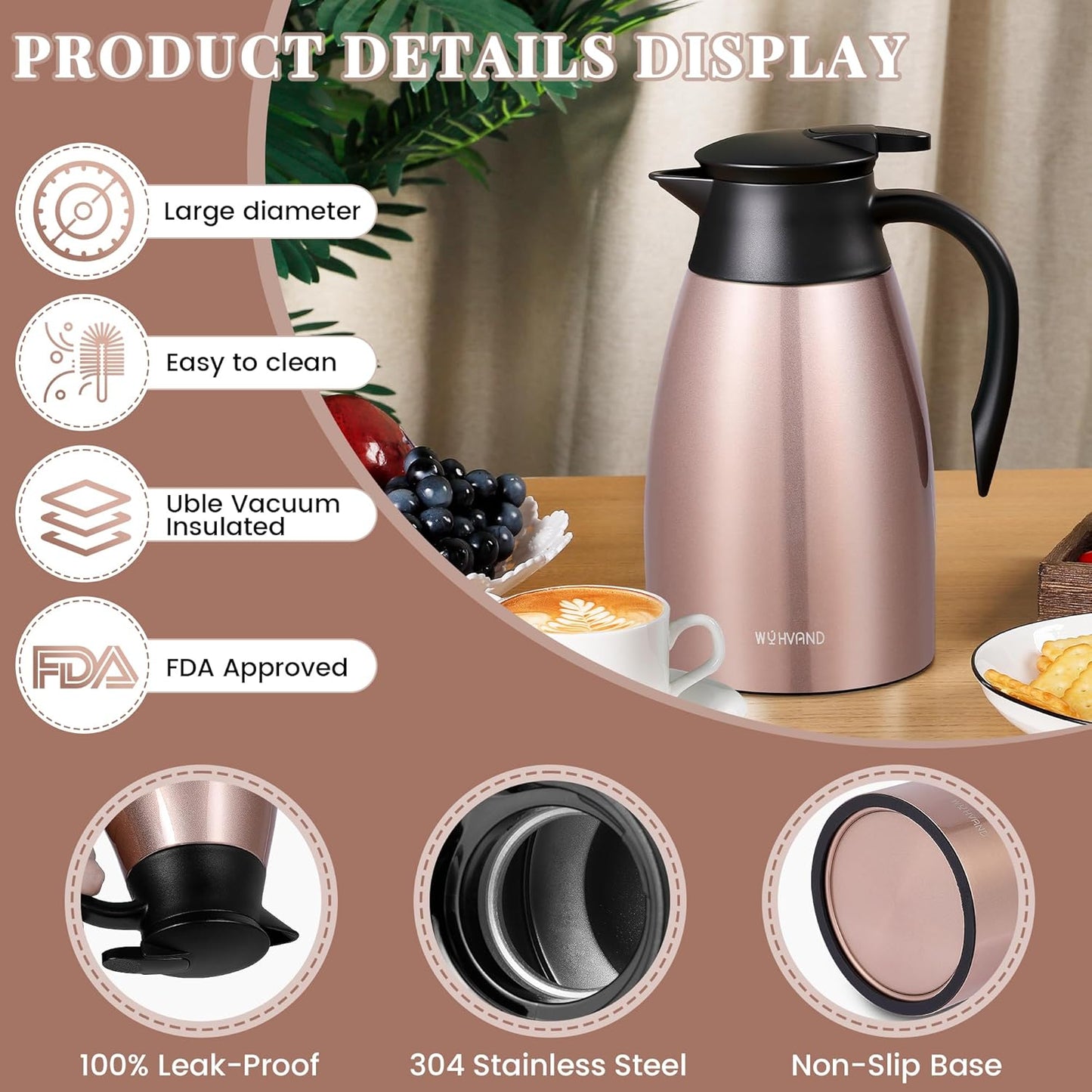51 Oz Thermal Coffee Carafe, Stainless Steel Insulated Vacuum coffee crafts to keep coffee hot, 1.5 Liter Tea Water Coffee and Beverage Dispenser (Copper)