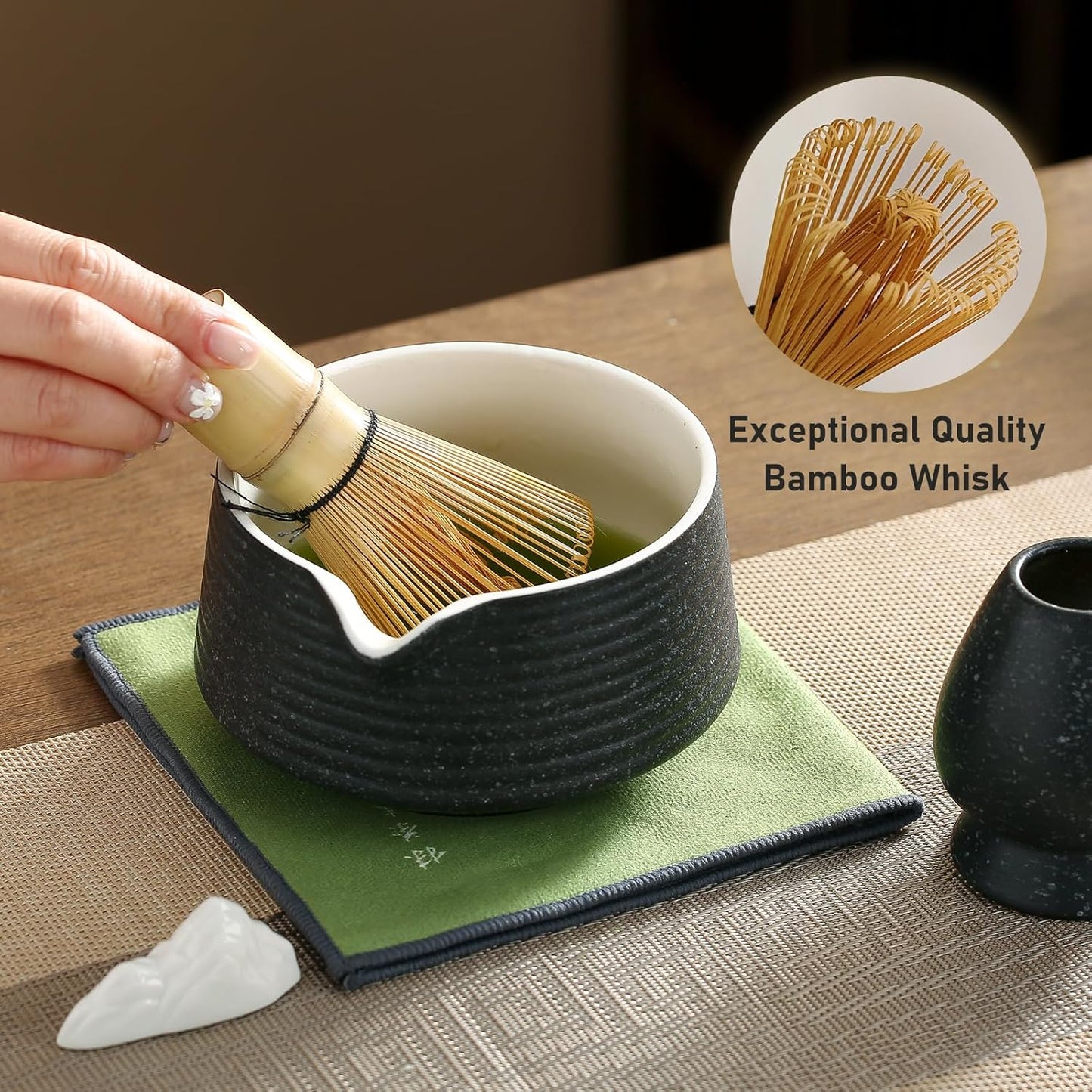 Matcha Whisk Set, Ceramic Matcha Set with Spout, Matcha Bowl Kit with Sifter, Whisk and Holder, Bamboo Scoop, Scoop Rest, Tea Towel, 7 Pcs Matcha Kit Set for Making Breakfast/Latte for Matcha Lovers
