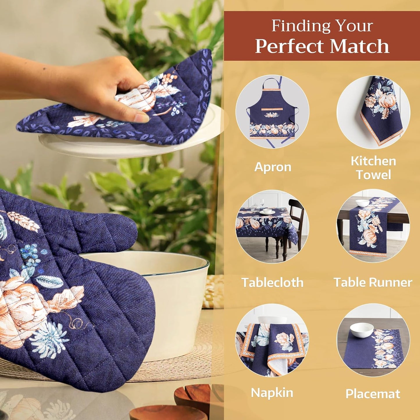 Maison d' Hermine Pot Holders Set 100% Cotton Heat Resistant Potholders 8" x 8" Hot Pads with Loop BBQ, Cooking, Baking, Grilling, Kitchen, Handling Hot Pans (Pack of 2, Pumpkin Blues)