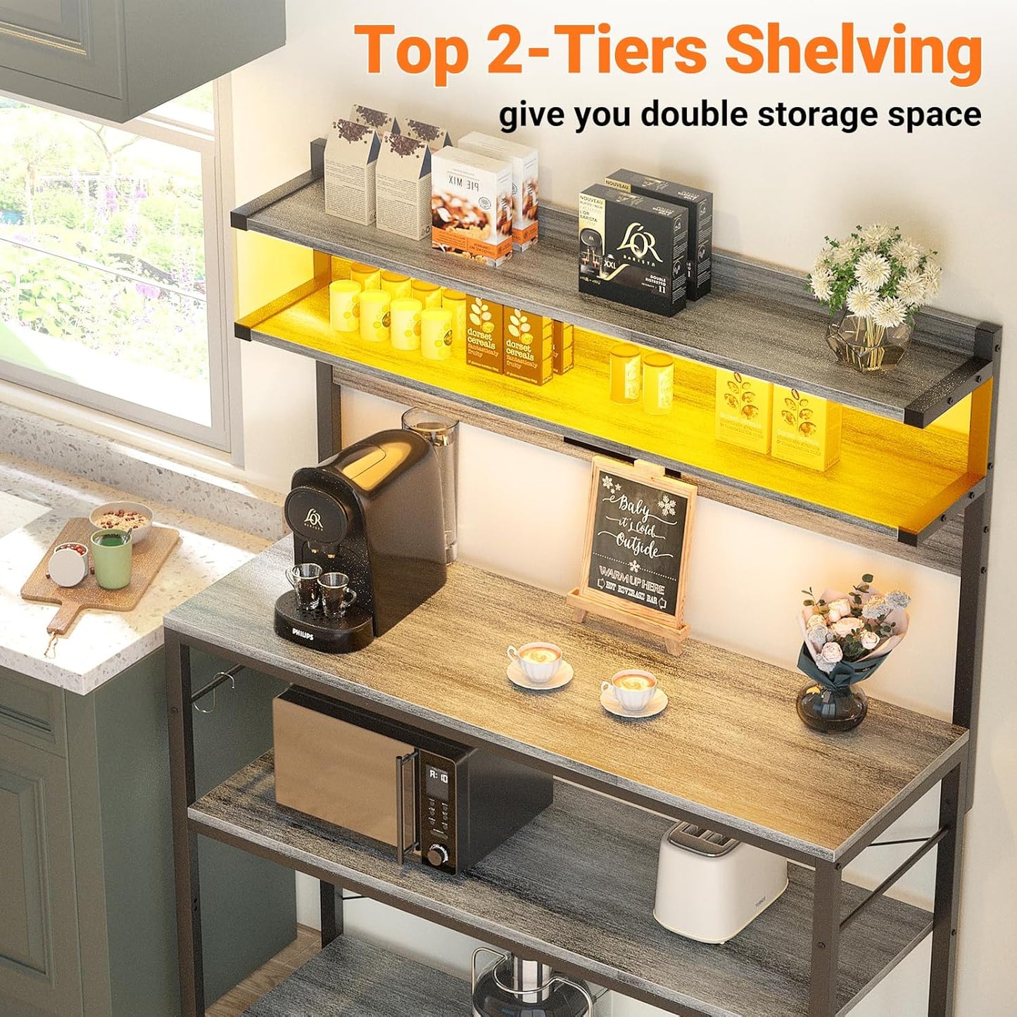 Aheaplus Bakers Rack with Power Outlet, Microwave Stand, 5 Tiers Coffee Bar Station with Led Lights, Kitchen Storage Shelf with 6 S-Shaped Hooks, Kitchen Rack Coffee Bar Stand, White Oak