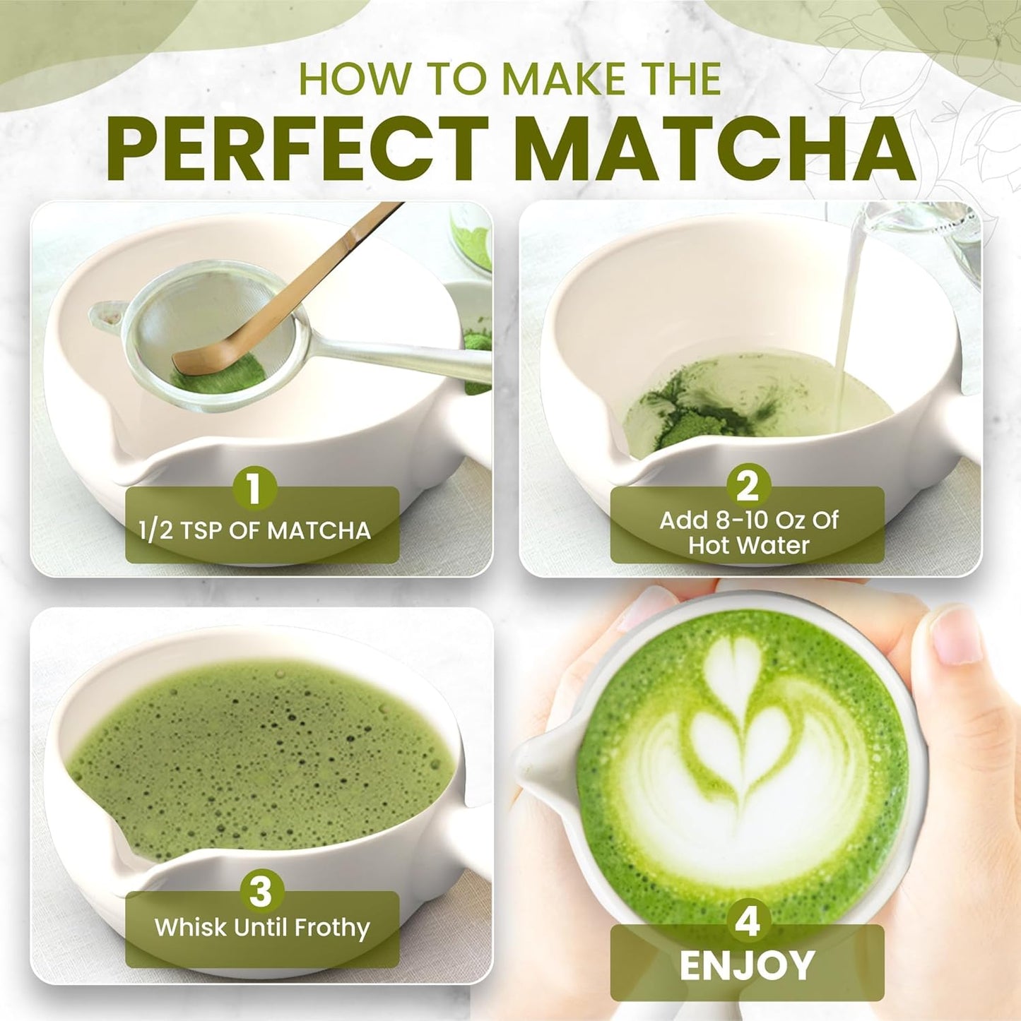 HAPPY PATH & CO Matcha Tea Set β 6 Pcs Matcha Kit Set Includes Bamboo Whisk(Chasen) & Bowl with Spout, Sifter, Scoop & Holder | White Matcha Whisk Set - Perfect Matcha Tool Set for Matcha Lovers