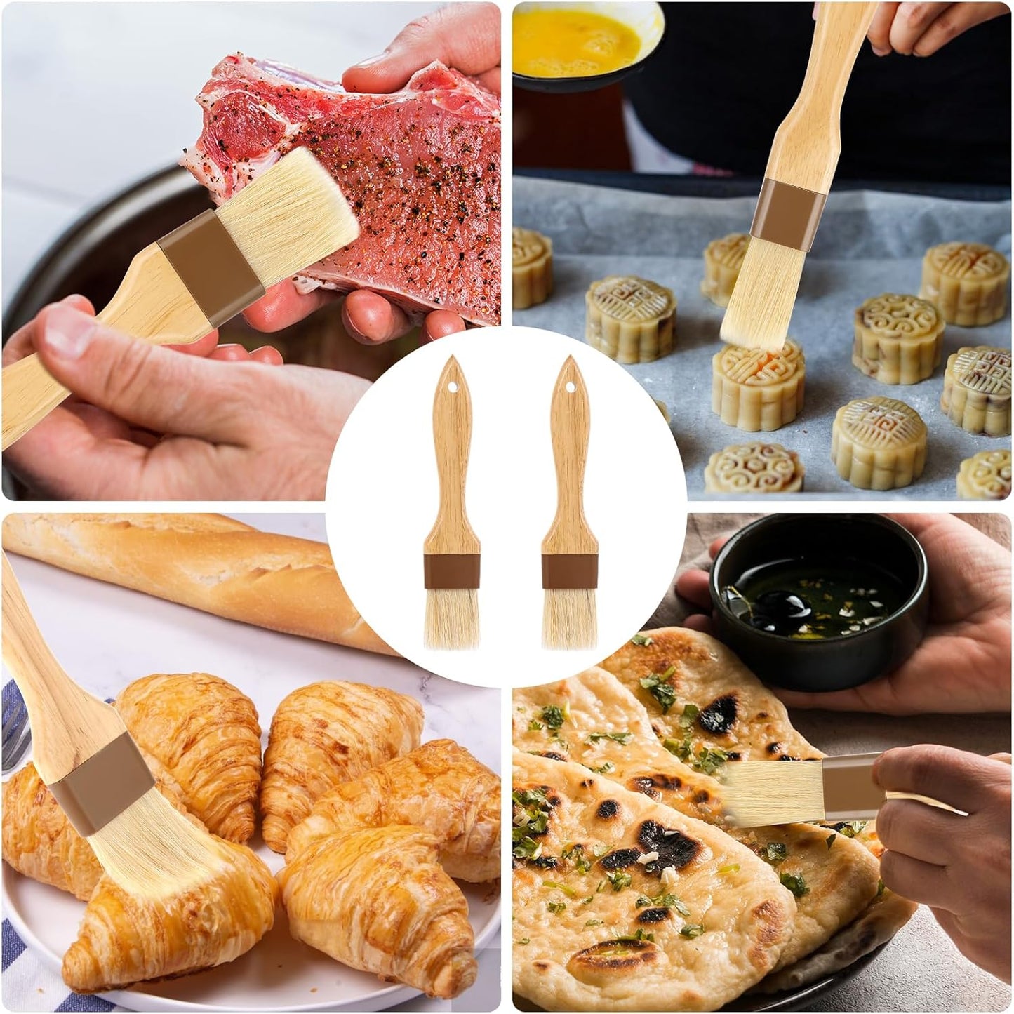 2Pcs Basting Brushes, Pastry Brush for Cooking and Baking, Natural Boar Bristle Food Brushes for Oil and Sauce, Butter & Egg Wash Brush Kitchen Gadgets with Beech Hardwood Handles
