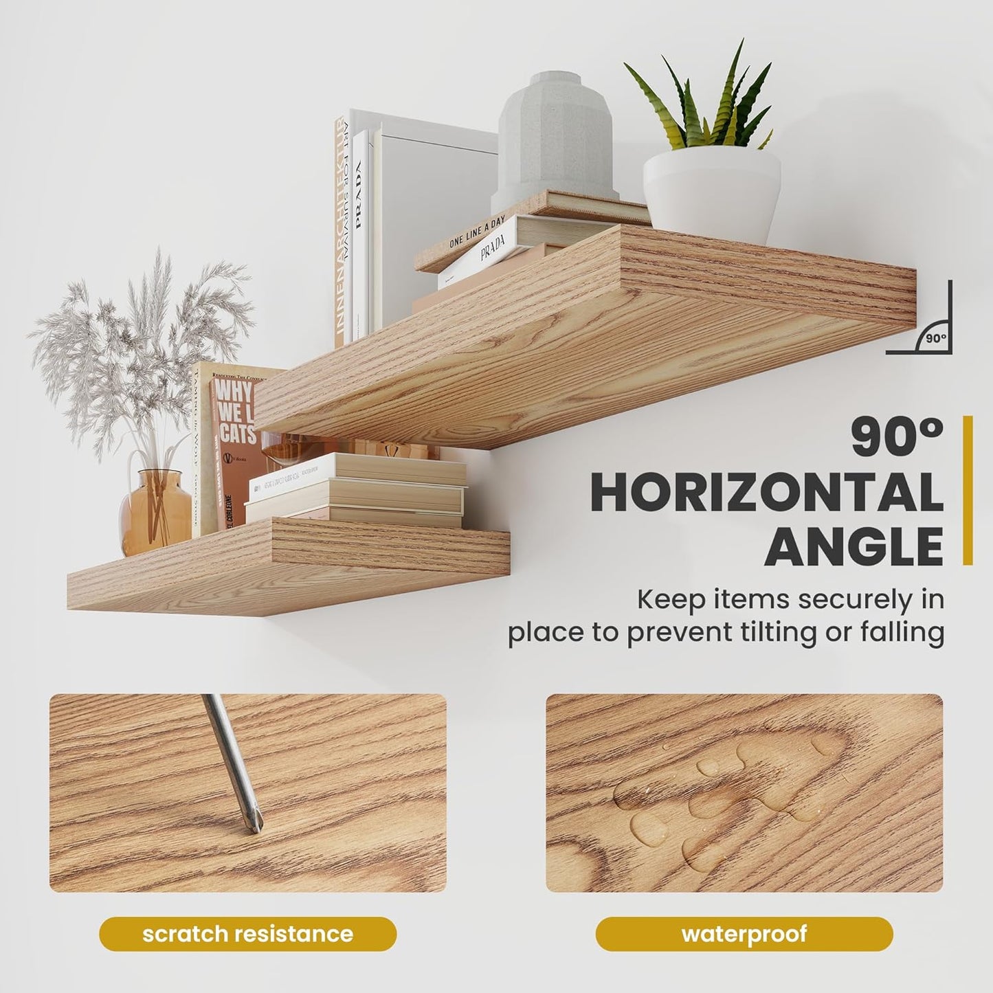 30 Inch Floating Shelves, 9.3" Deep Floating Shelf Wall Mounted, 30" Wall Shelves, Rustic Deep Bookshelf, Large Display Shelves & Storage Shelves for Bedroom, Living Room, Light Brown, Set of 2